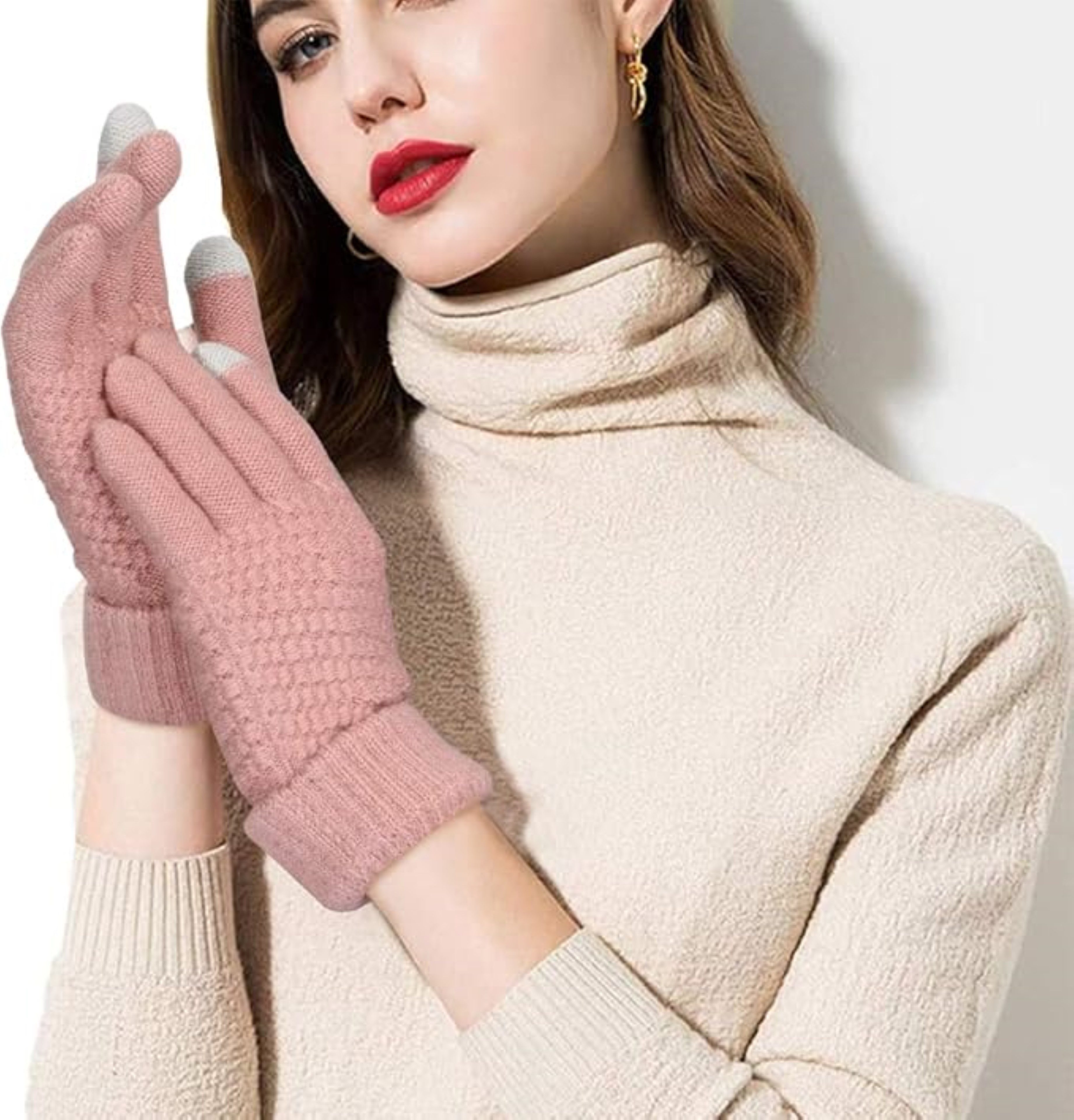 LA CUTE Strickhandschuhe Winterhandschuhe Strick warm Touchscreen Outdoor-Einsatz Pink (Winterhandschuh-Set mit Touch-Funktion & Isolierung, 1 Paar Damenhandschuhe – ideal für kalte Wintertage) Touchscreen-fähig & winddicht – ideal für Outdoor im Winter
