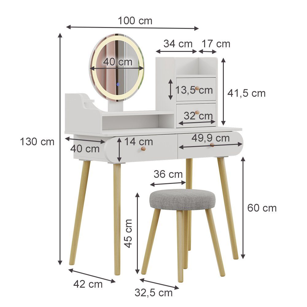 Vicco Schminktisch Edda, Weiß, 100 cm mit LED-Spiegel und Hocker (2-St)