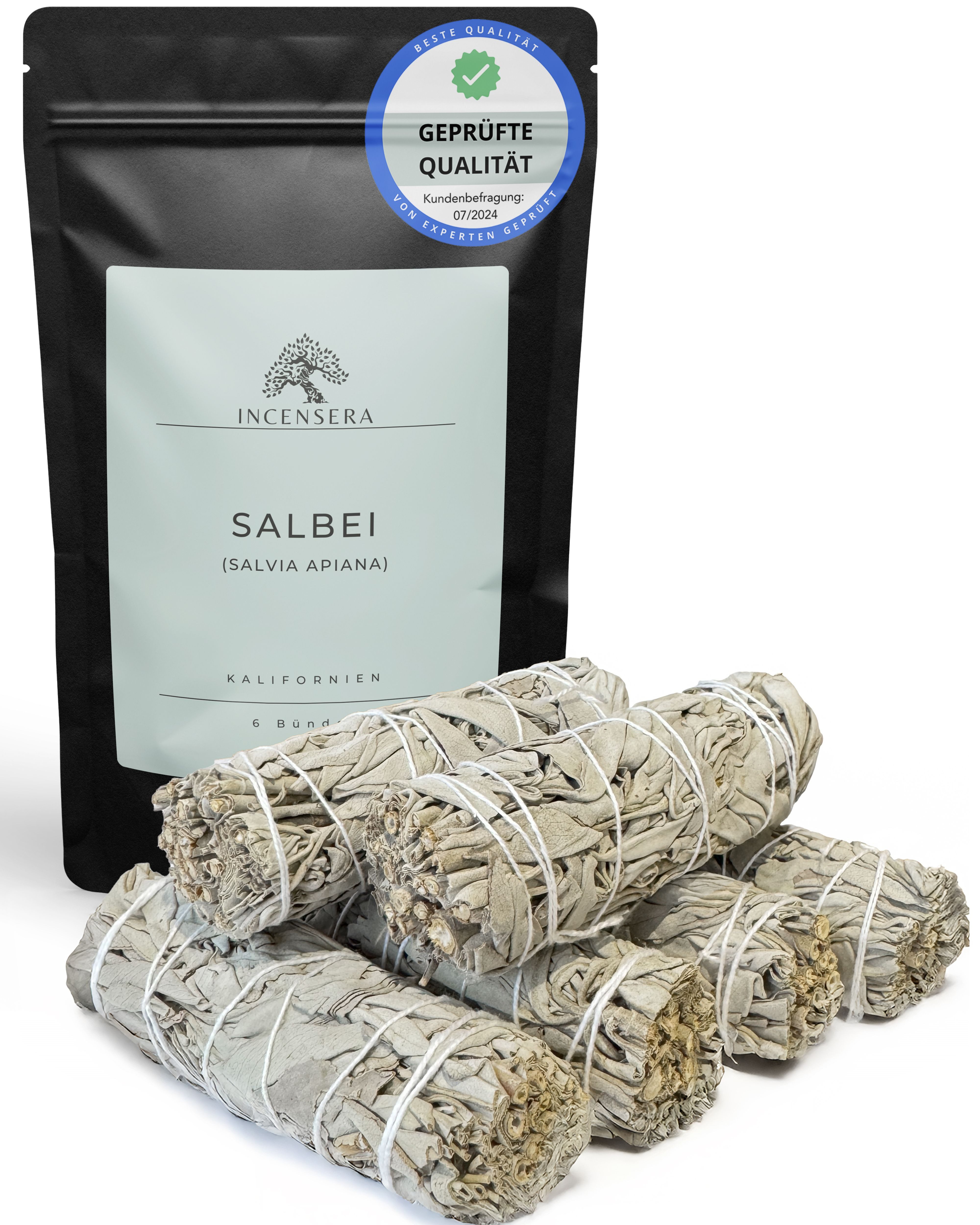 Incensera Räucherstäbchen-Halter Weißer Salbei zum Räuchern, Räucherbündel Smudge Stick White Sage, (6 St), naturbelassen, sortenrein, handgebunden, ohne Zusätze