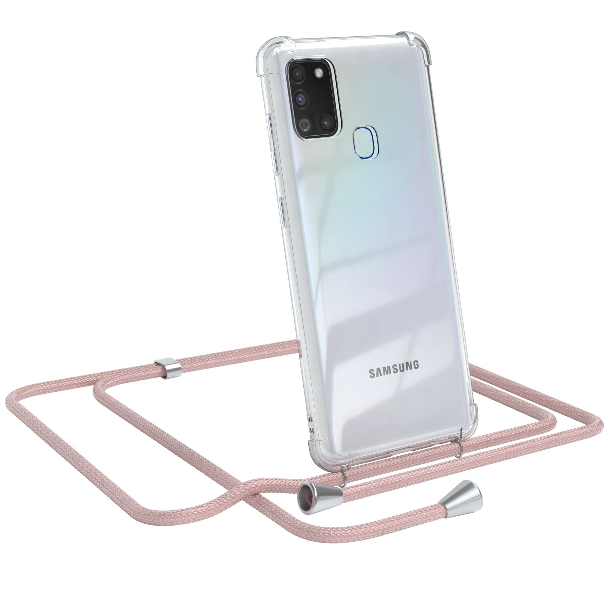 EAZY CASE Handykette Hülle mit Kette für Samsung Galaxy A21s 6,5 Zoll, Slimcover Festival Hülle Band Handyketten Umhängehülle Altrosa Rosé