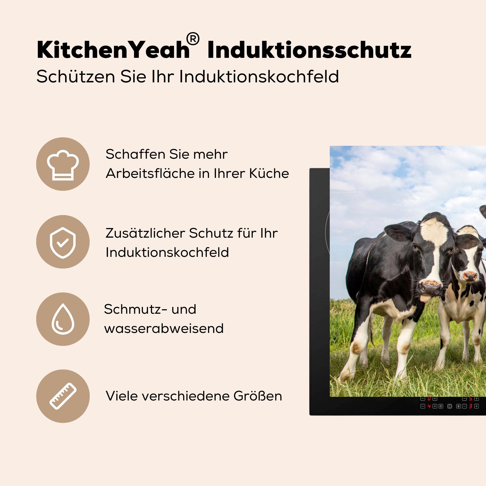 cm, küche, MuchoWow Schutz Herdblende-/Abdeckplatte Kuh 81x52 die - tlg), für Vinyl, Induktionskochfeld Gras (1 Wolken, Ceranfeldabdeckung -
