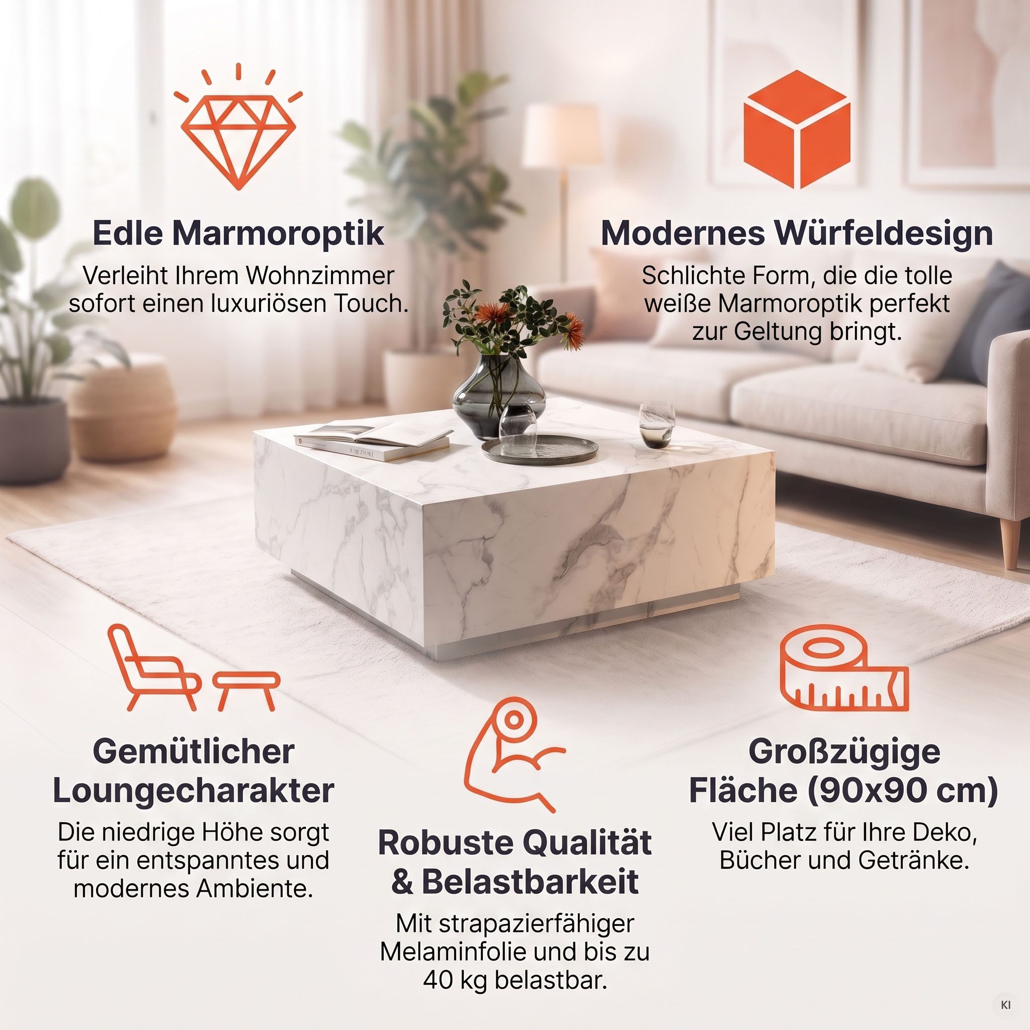 SalesFever Couchtisch AlmerÃ a Wohnzimmertisch: Beistelltisch mit Schwebe-Effekt, quadratisch 90x90 cm, in Marmoroptik foliert – Bild 3 von 5