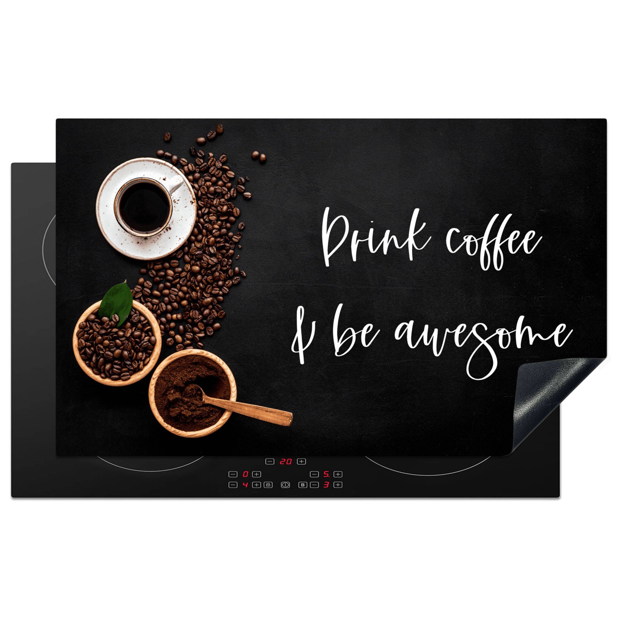 MuchoWow Herdblende-/Abdeckplatte Zitate - Kaffee trinken & geil sein - Induktionsschutz - Kaffee -, Vinyl, (1 tlg), 83x51 cm, Ceranfeldabdeckung, Arbeitsplatte für küche