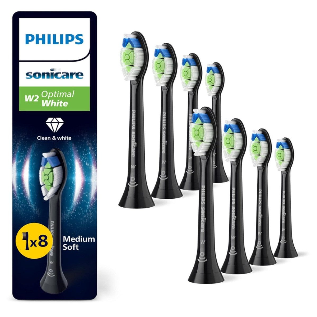 Philips Aufsteckbürsten Sonicare W2 Optimal White, 8er-Pack, Schwarz, Medium-Soft, Zahnaufhellung