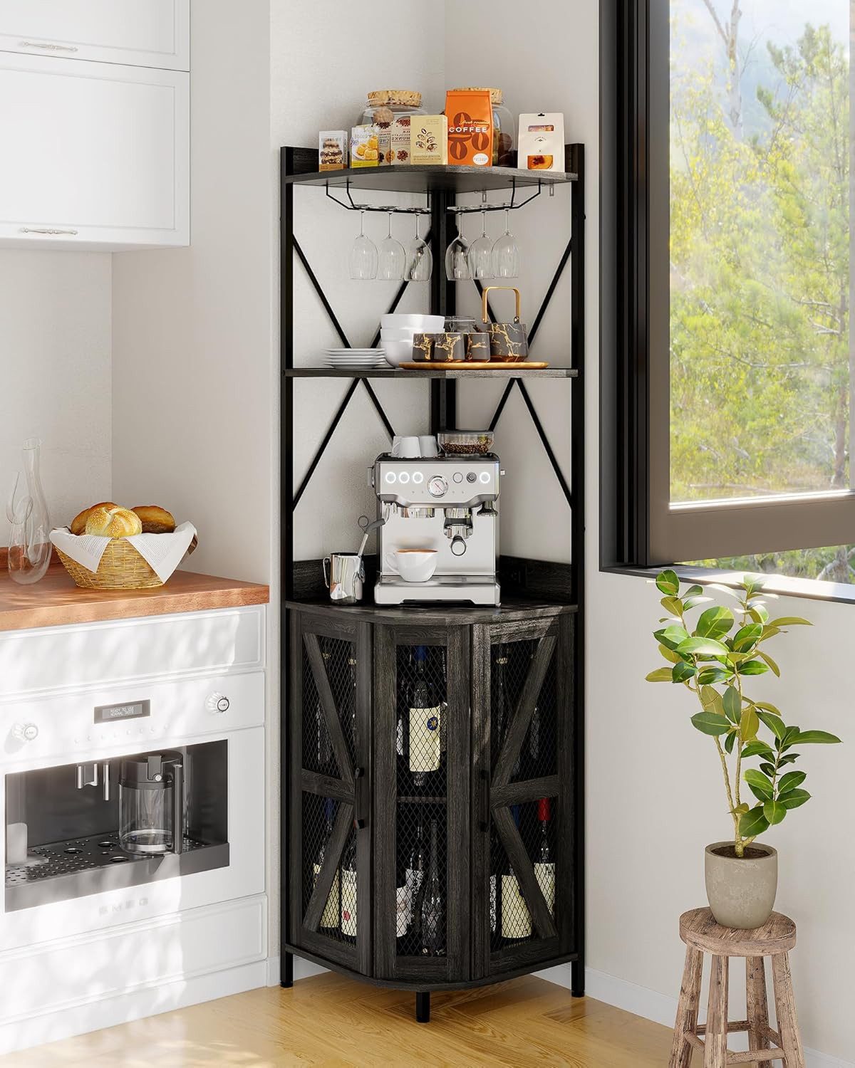 GarveeMore Eckschrank mit 5 Ebenen,Robuster pflegeleichter MDF-Barschrank für Wohnzimmer Barschrank Mit Steckdose, LED-Beleuchtung & Glashalter für Wohnzimmer