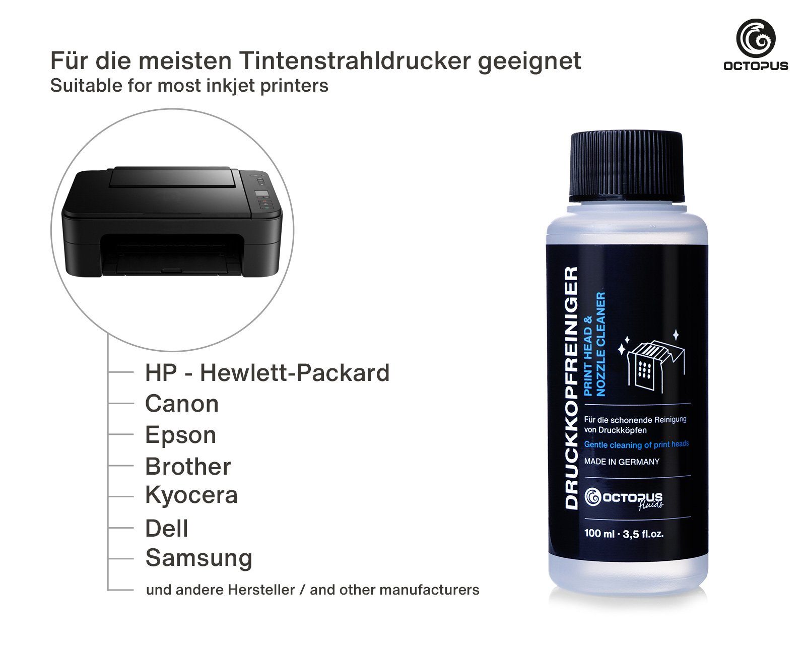 OCTOPUS Fluids Düsenreiniger Druckkopfreiniger für Druckköpfe Nachfülltinte (für Epson, Canon, HP, Brother, Set, 1x 100 ml, Made in Germany)