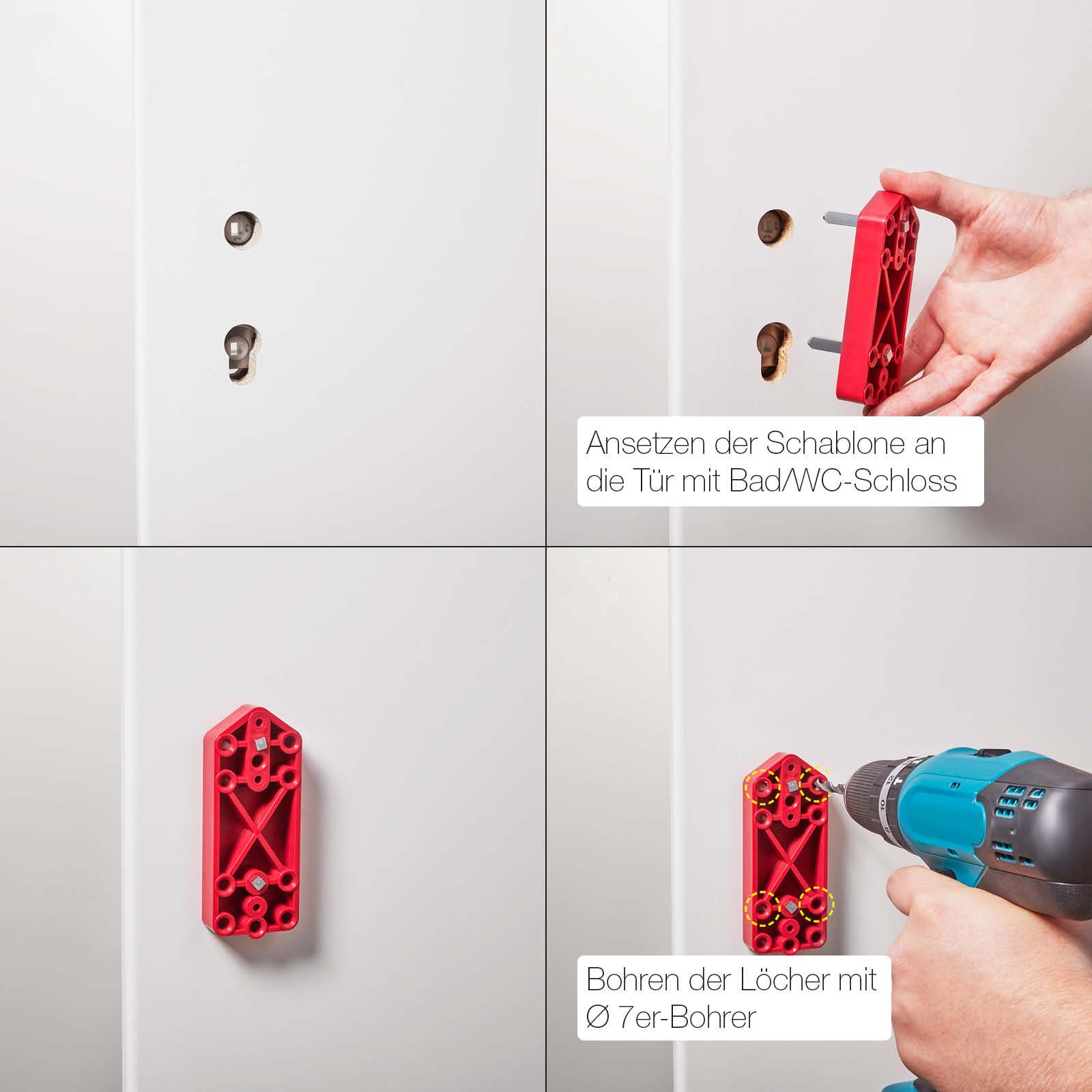 SO-TECH® Bohrlehre für Türdrücker mit Rosettengarnitur (mit 72, 78, 92 mm Entfe, 1-tlg., für Türen mit Buntbart, Profilzylinder, WC & Wechselschloss – Bild 4 von 5
