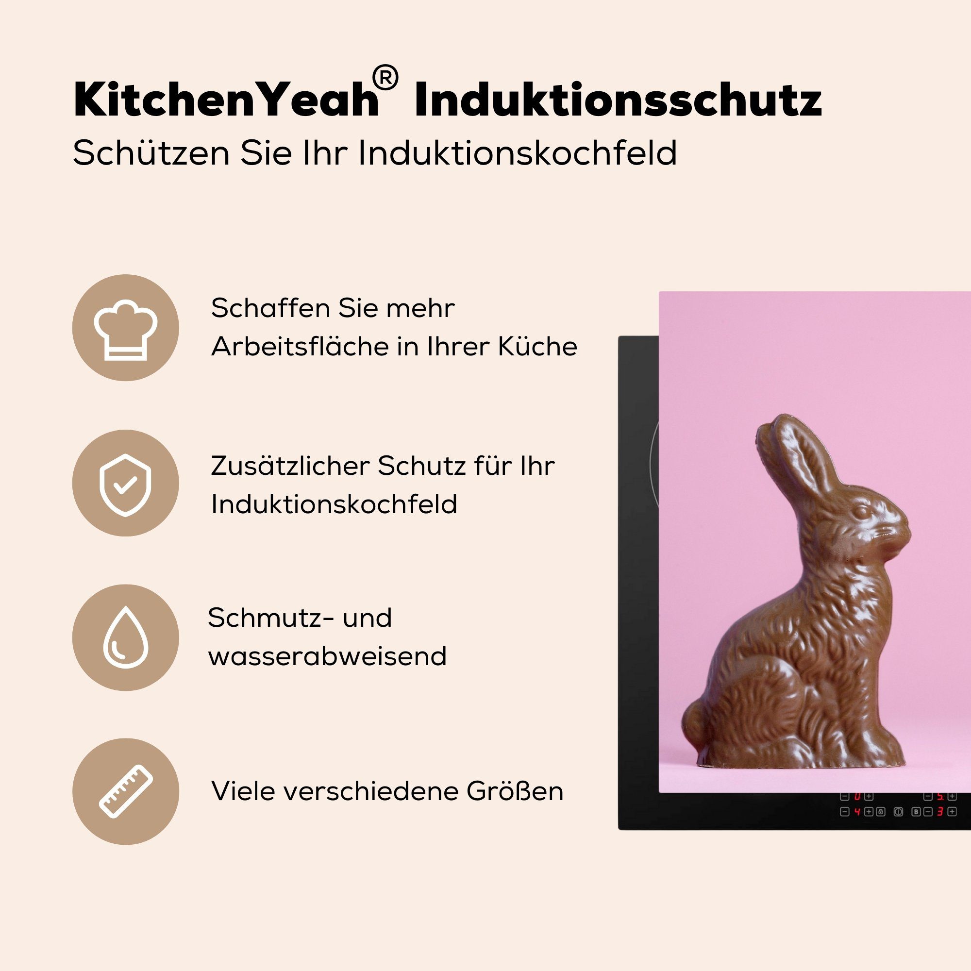 MuchoWow Herdblende-/Abdeckplatte Schokoladen-Osterhase, Vinyl, (1 cm, Schutz Induktionskochfeld tlg), die 81x52 für küche, Ceranfeldabdeckung