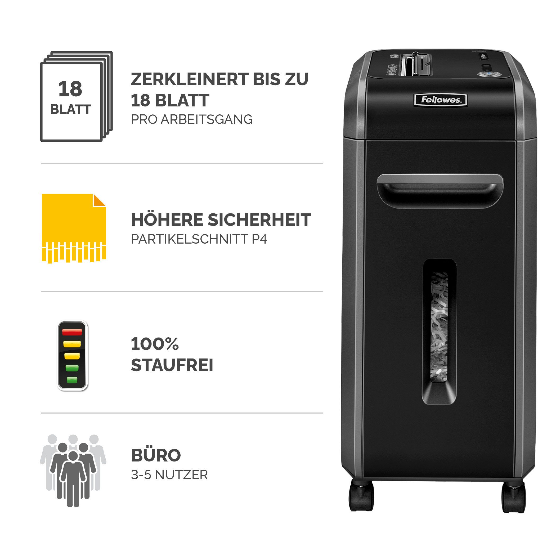 FELLOWES Aktenvernichter Fellowes Aktenvernichter 99Ci Partikelschnitt 4x38mm P4 mit Rollen, SafeSense, SilentShred, 100% staufrei, Schlaf Modus, Partikel P-4, 34L