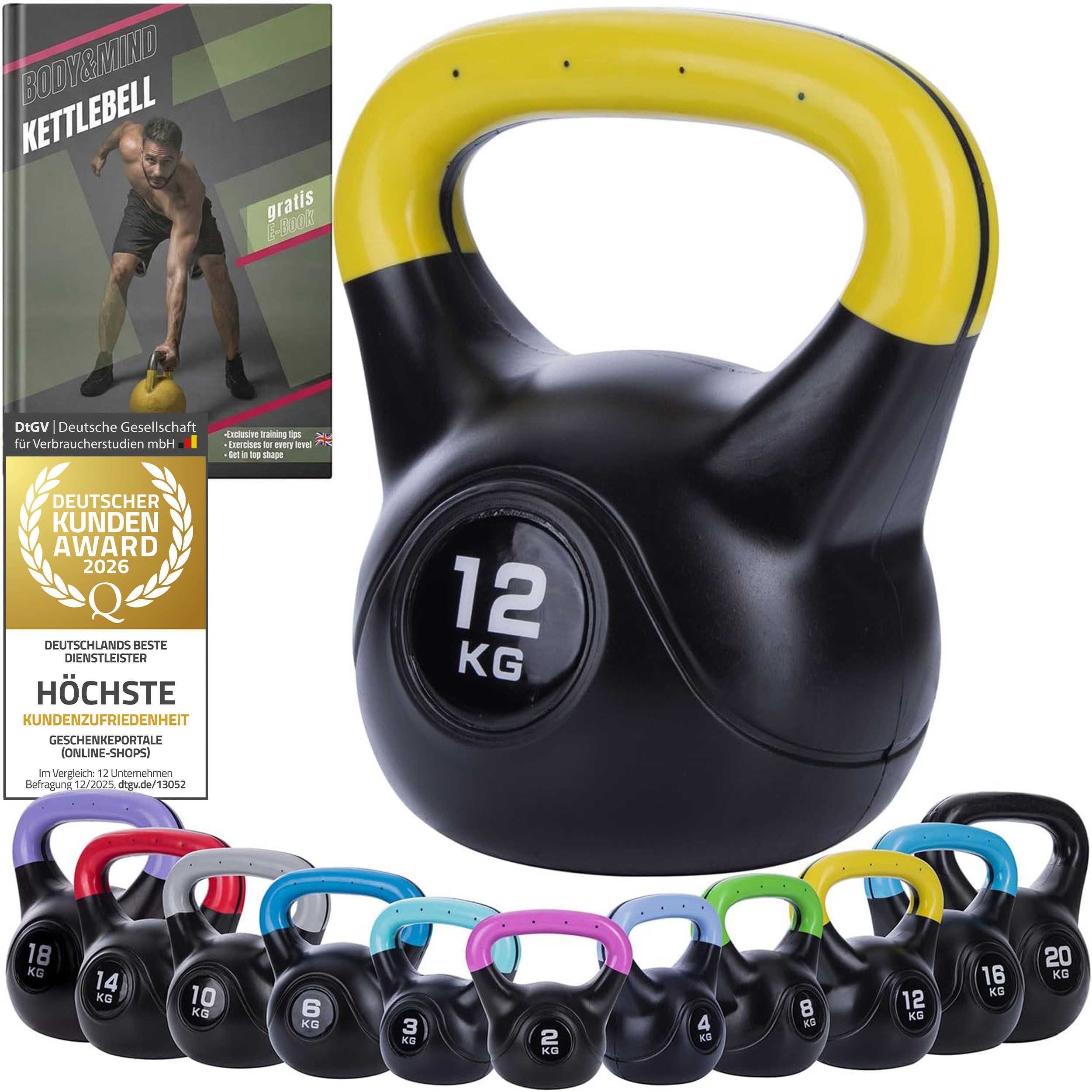 Body & Mind Kettlebell Body & Mind Kettlebell 2–20 kg – Profi Kettlebell mit Kunststoffmantel, (Profi Schwunghantel), Kraftraining Workout Gewicht (12 kg)