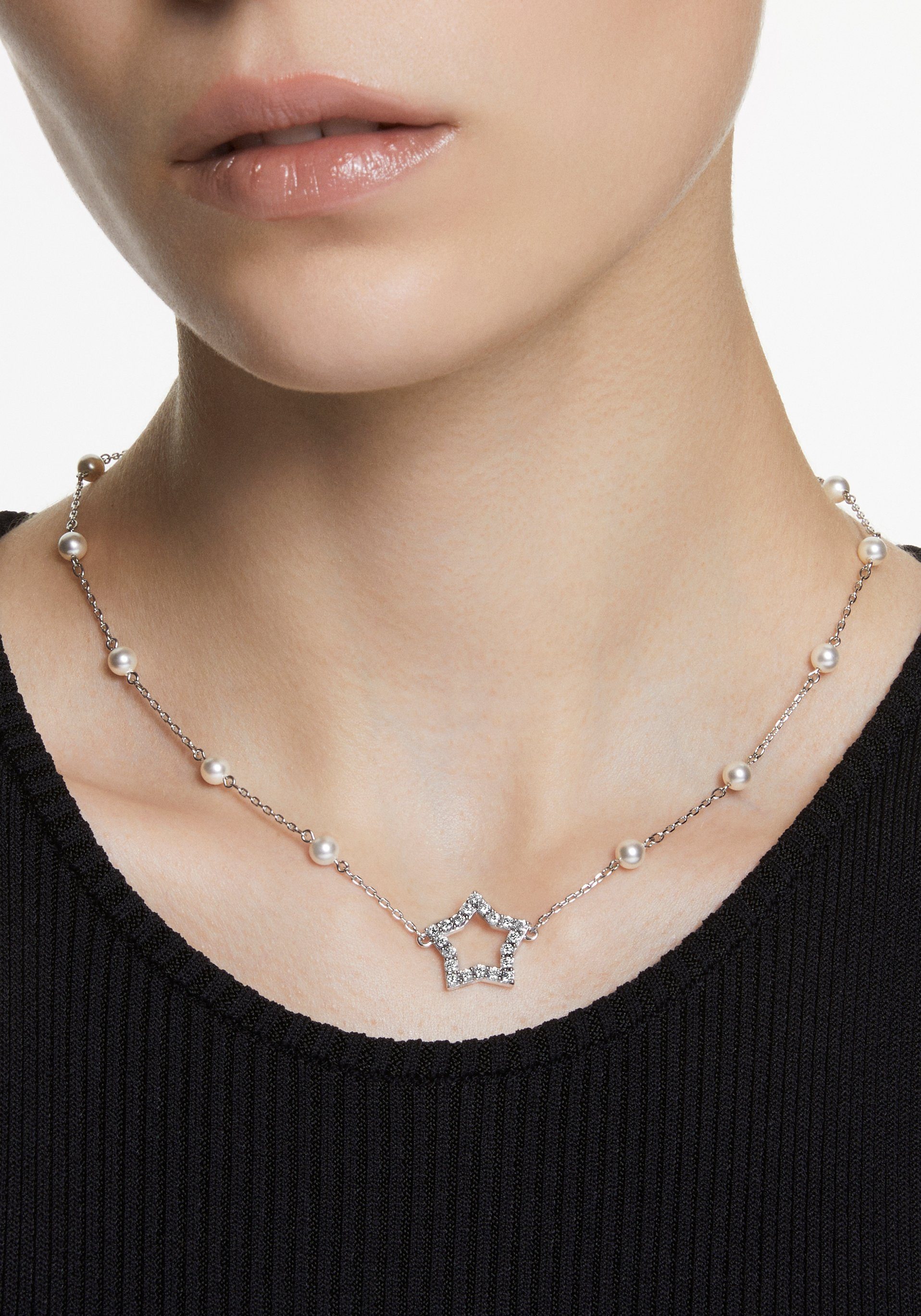 Anhänger ohne Perle mit Stern, Halskette, Weiß, Swarovski® Kristall Kette Swarovski® mit Rhodiniert, Swarovski - Kristallperlen, Stella 5645379,