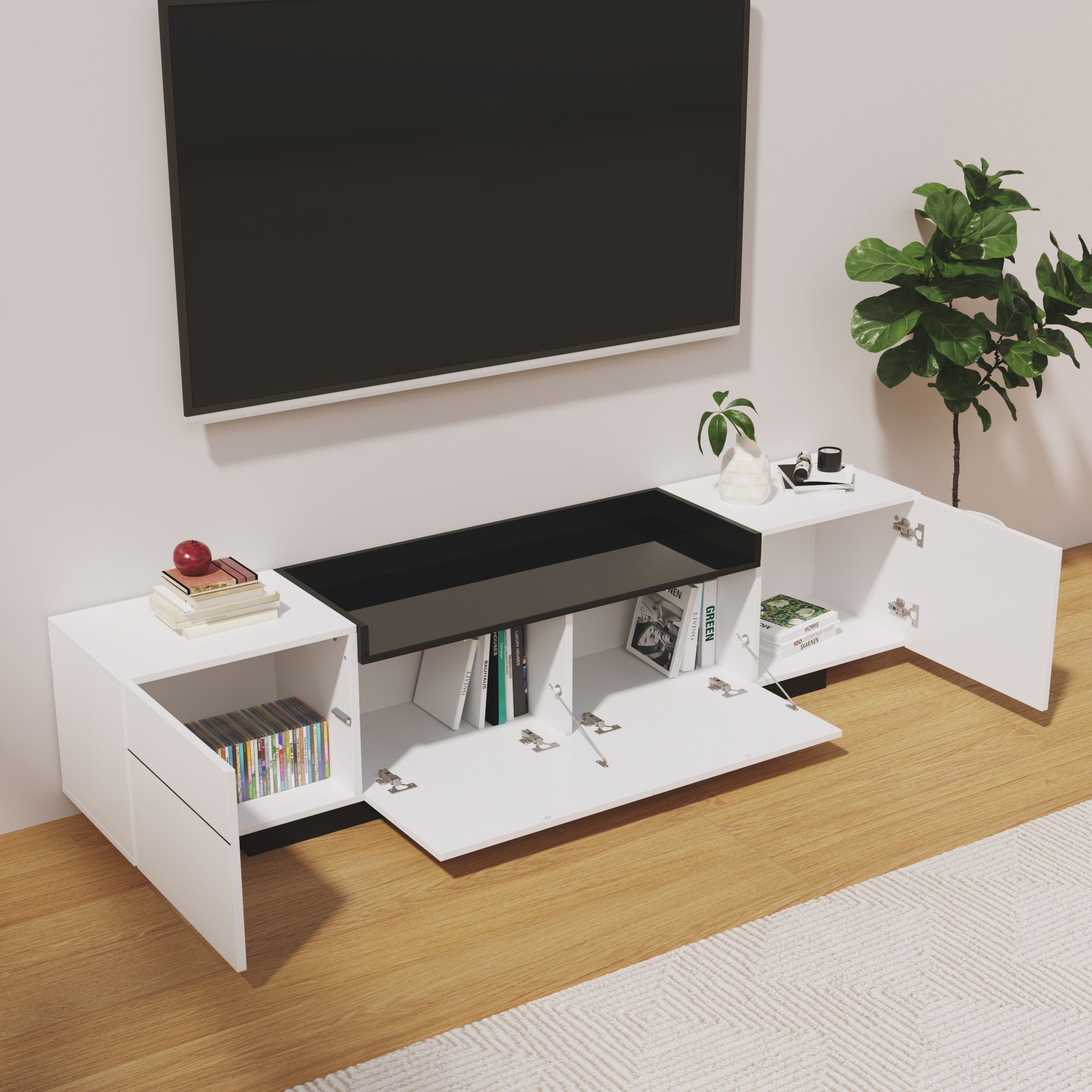 Low drei Stauraum Zeitlosem einzigartigem Türen und Celya TV-Schrank Schwarzem mit board Colorblock-Design Hochglanz,