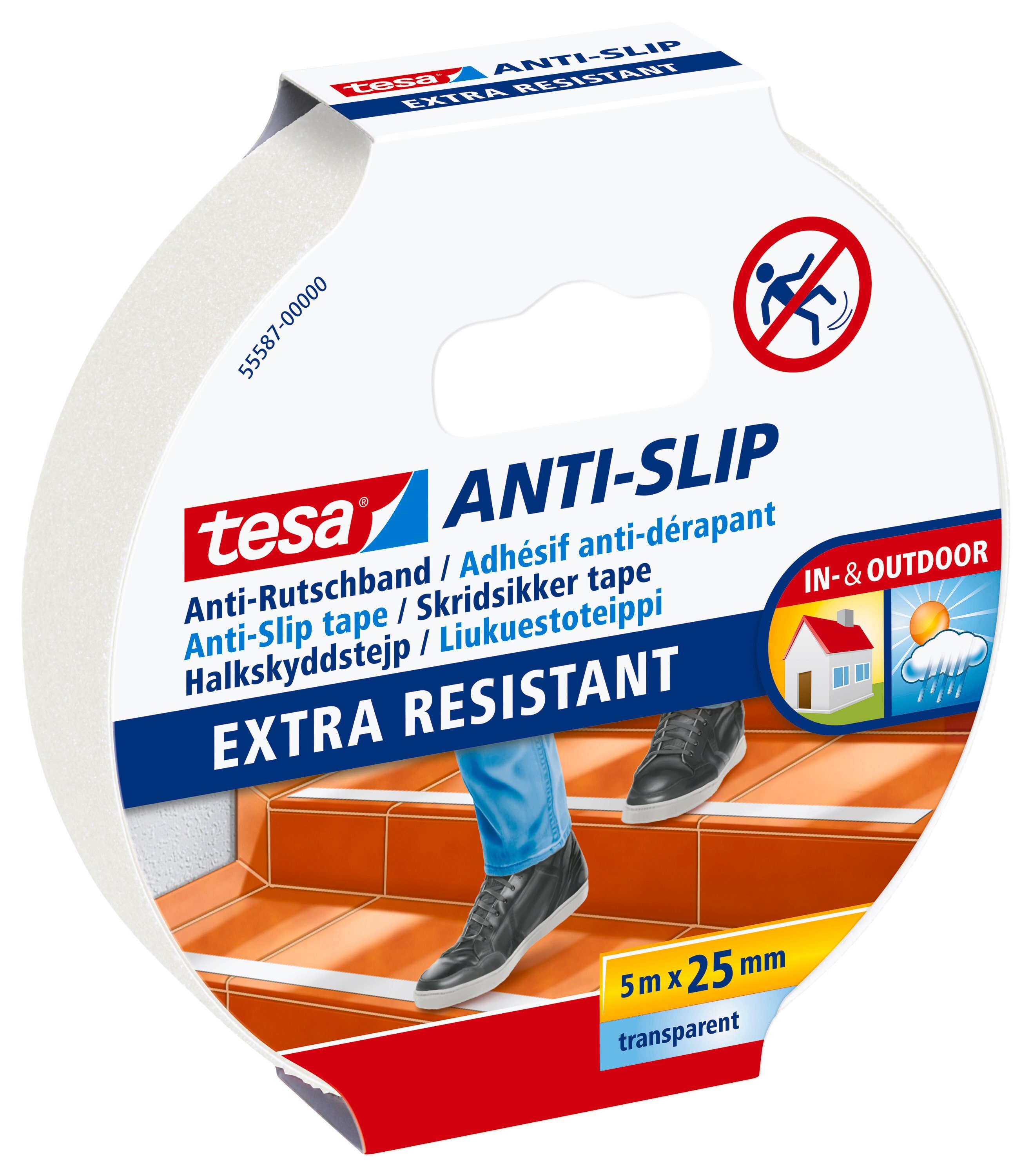 tesa Verlegeband ANTI-SLIP Economy Gewebeband - transparent - 5 m : 25 mm (Packung, 1-St) Anti-Rutsch Klebeband - für Indoor & Outdoor geeignet