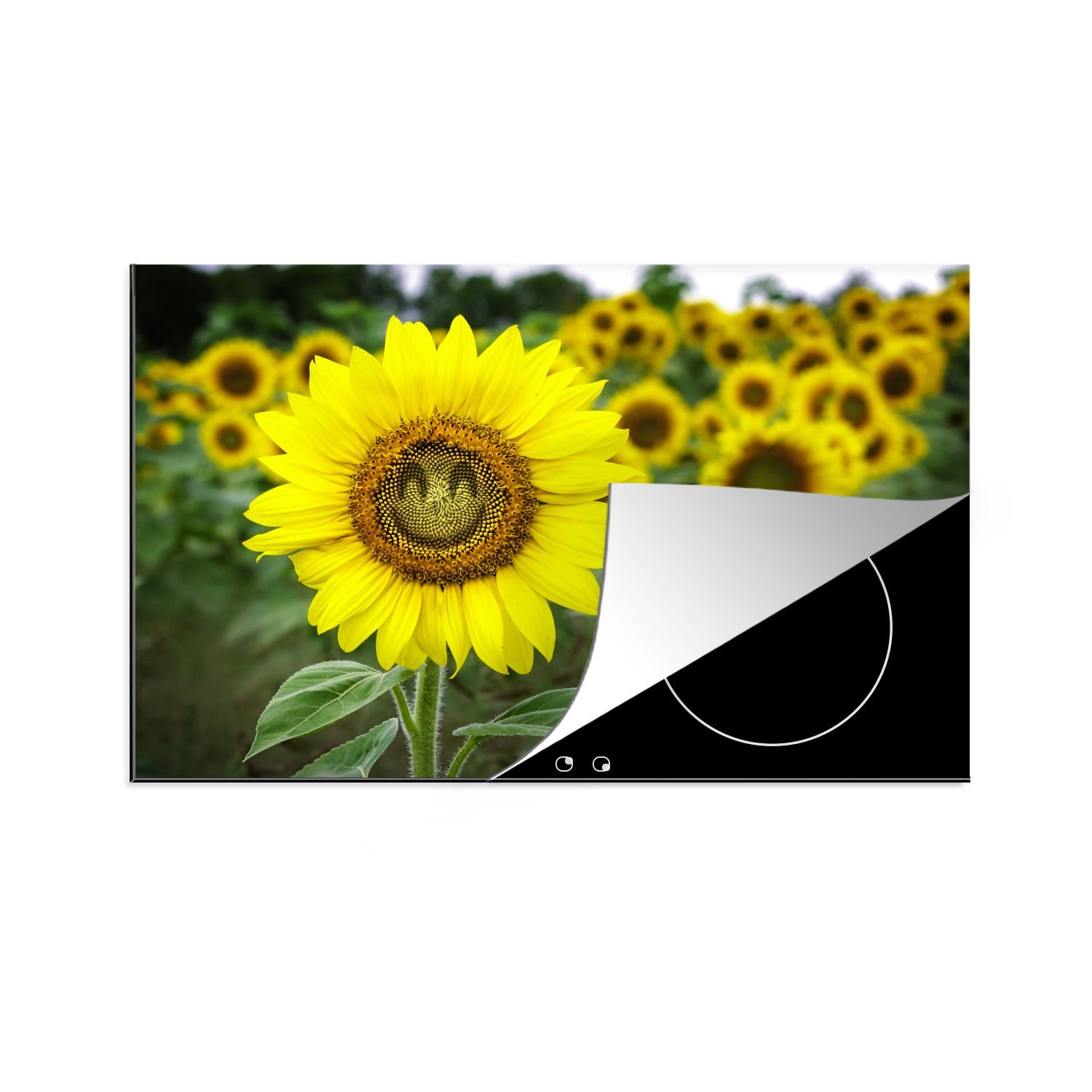 MuchoWow Herdblende-/Abdeckplatte Lächelnde (1 die 81x52 Schutz Sonnenblume, cm, küche, tlg), Vinyl, Induktionskochfeld für Ceranfeldabdeckung