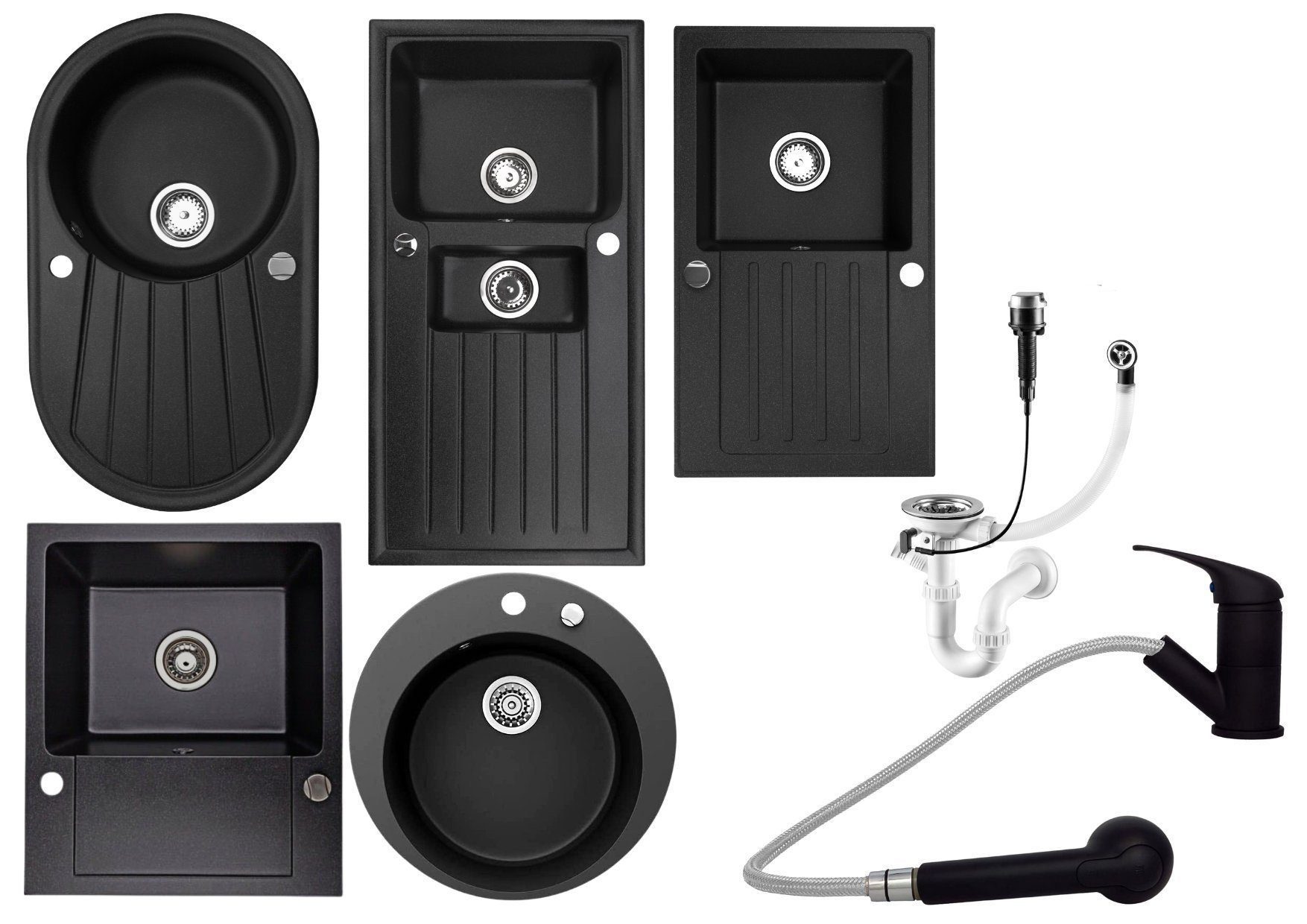 Faizee Möbel Granitspüle Granitspüle Küchenspüle mit Siphon und ausziehbar Armatur Schwarz, Rund