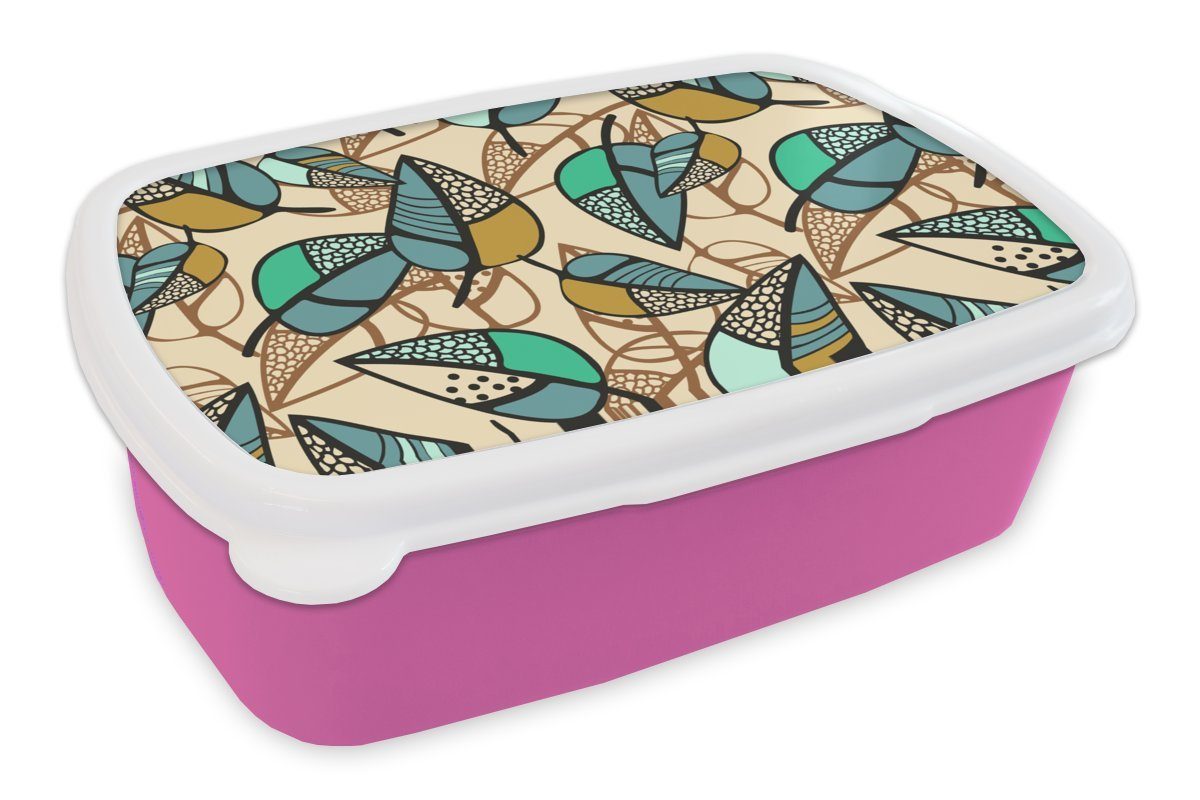MuchoWow Lunchbox Blätter - Bohème - Natur - Muster, Kunststoff, (2-tlg), Brotbox für Erwachsene, Brotdose Kinder, Snackbox, Mädchen, Kunststoff rosa