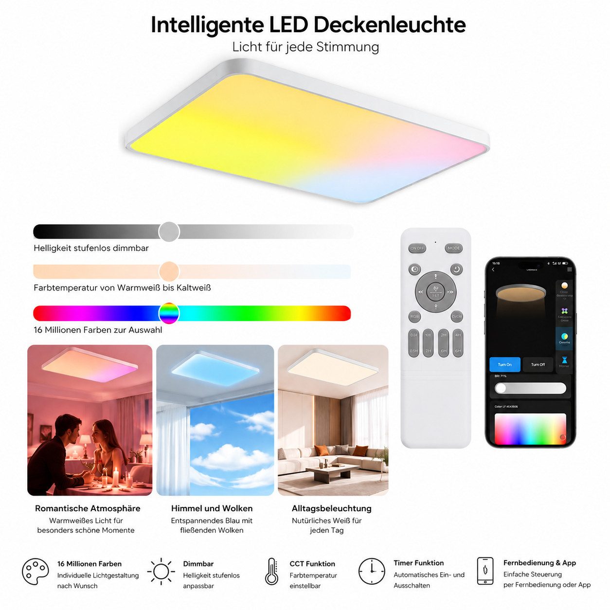 Eurotondisplay LED Deckenleuchte LED Deckenleuchte 698 RGBIC dynamische Himmel- & Naturlichteffekte, LED fest integriert, Warm bis Kaltweiß RGBIC, Lichtfarbe un – Bild 2 von 5