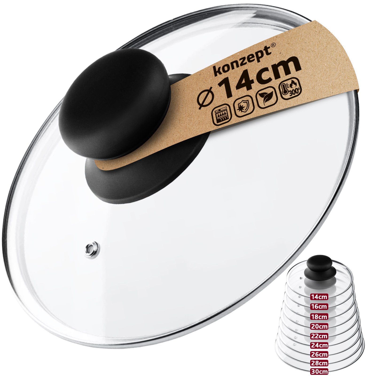 KONZEPT Topfdeckel Topfdeckel aus Glas Verschiedene Durchmesser, Ø 14 - 30 cm, Dampfauslass, spülmaschinengeeignet