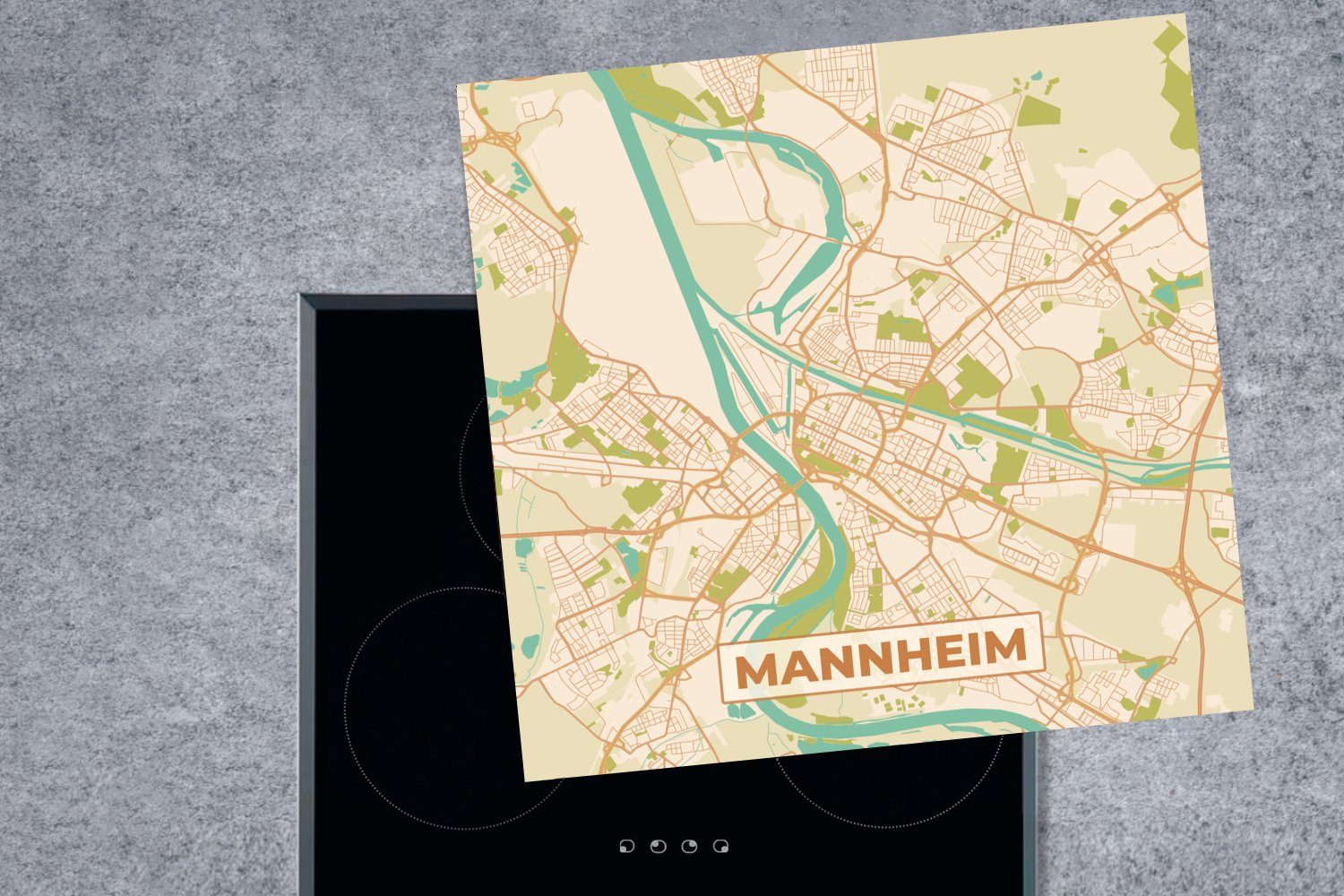 Stadtplan, tlg), Ceranfeldabdeckung, Vinyl, - - - cm, Herdblende-/Abdeckplatte Vintage Manneheim MuchoWow Arbeitsplatte küche 78x78 (1 Karte für