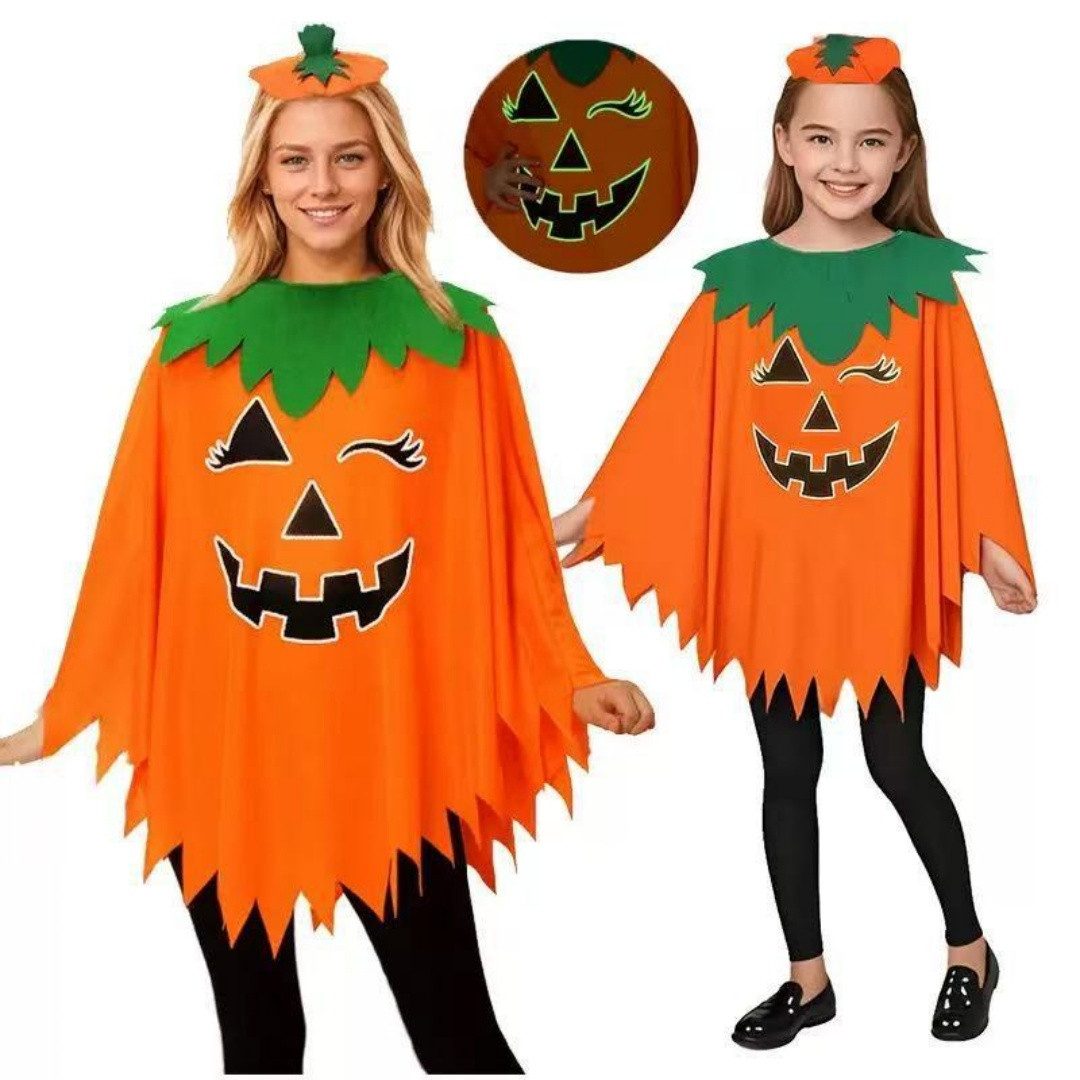 nsihing Kostüm Kürbis Umhang Kinder Erwachsene mit Kürbishut Tasche, Unisex Halloween Kürbis Kostüm für Karneval Cosplay Party Kleid