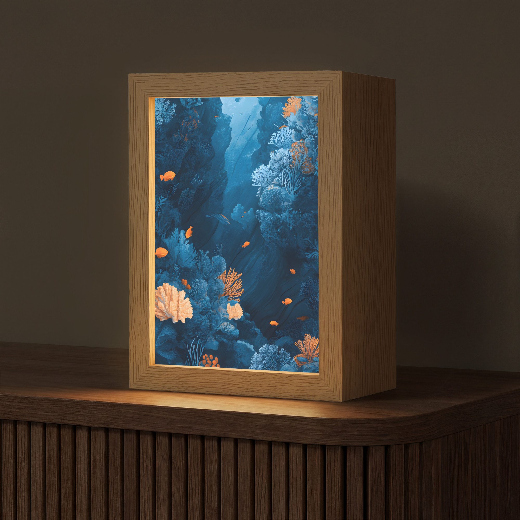 OnlyWow Tischleuchte Lightbox Korallenriff - Fische - Ozean - Blau, Dimmbar, Farbwechsel, LED, Warmweiß, Kaltweiß, Neutralweiß Einstellbar, Tischlampe, Schreibtischlampe, Desk, Dimmbar, mit Kabel, LED