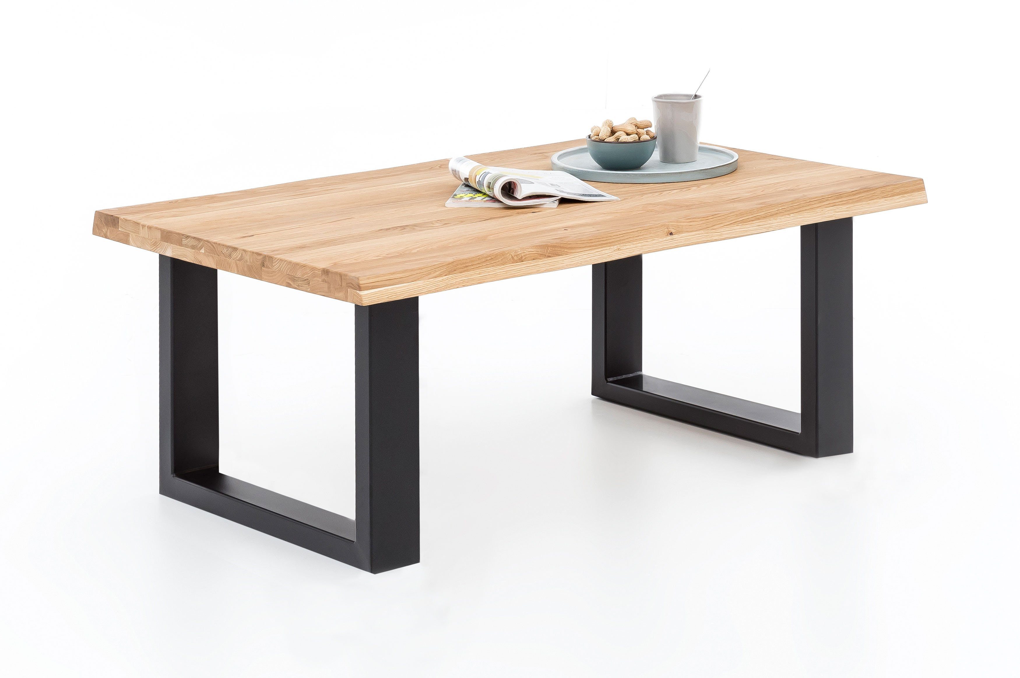 ELFO Couchtisch Couchtisch Baumkante Wildeiche Massiv geölt 110x70cm Metall U-Gestell, Maße: B 110 x T 70 x H 47cm