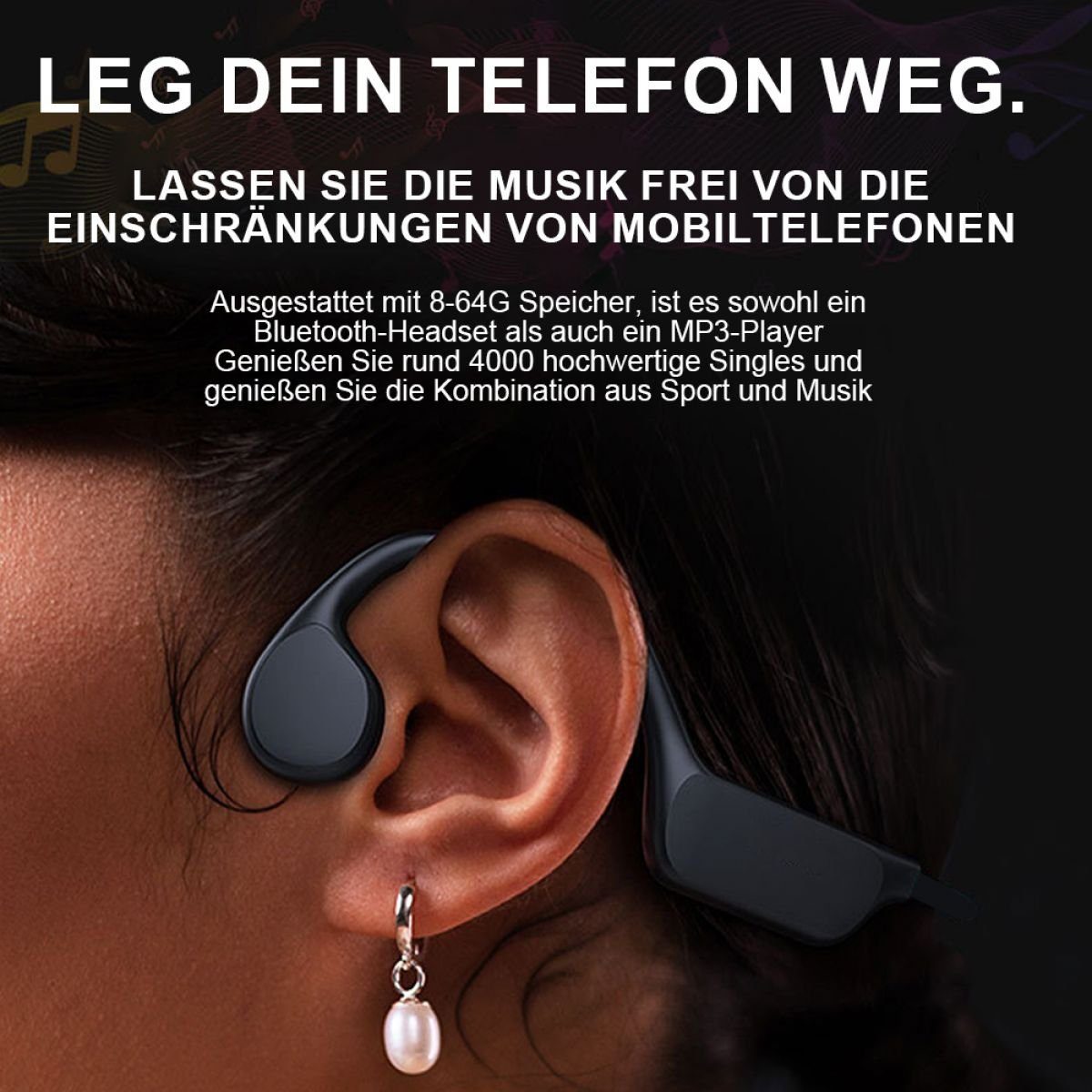 Schwarz Kopfhörer,für laufen Sport Bluetooth,Kabellos Jormftte Knochenschall Kopfhörer Kopfhörer