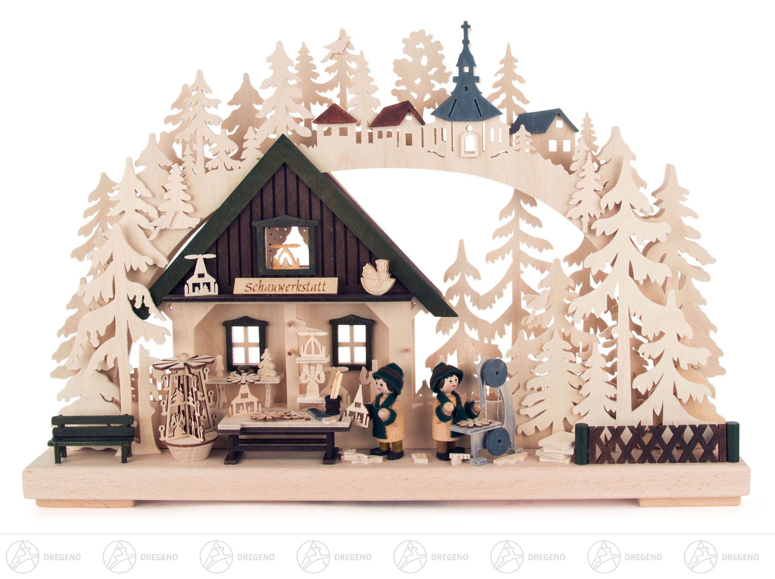 Dregeno Erzgebirge Lichterbogen Schwibbogen »Pyramidenwerkstatt« klein,indirekt elektrisch beleuchtet