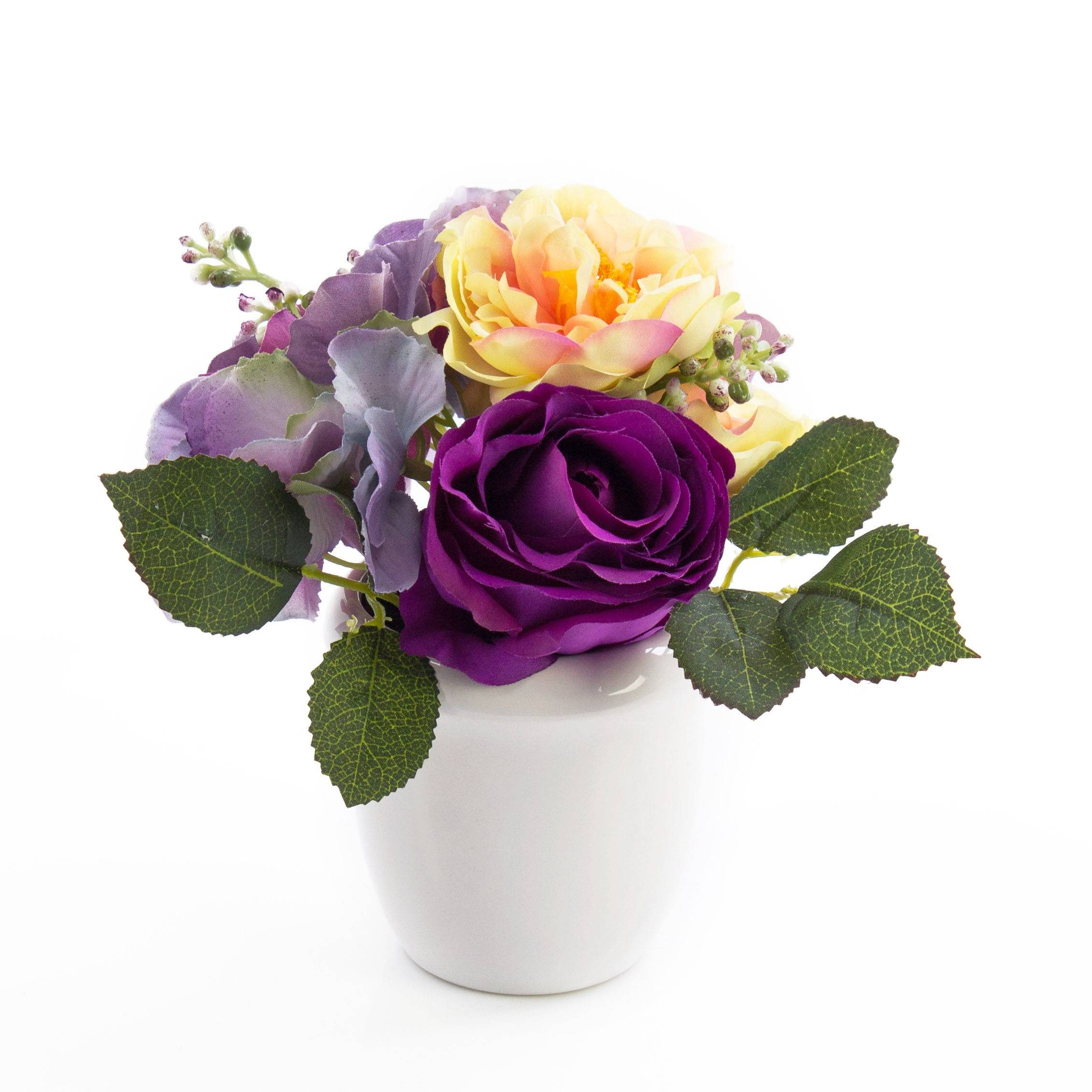 Gestecke Rosen, Hortensien Feline im Keramiktopf, Creme - lila, 20cm, Ø 23cm, artplants