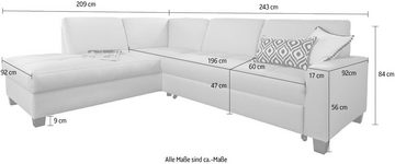 DOMO collection Ecksofa Florentina L-Form, wahlweise mit Bettfunktion, mit Kontrastnaht