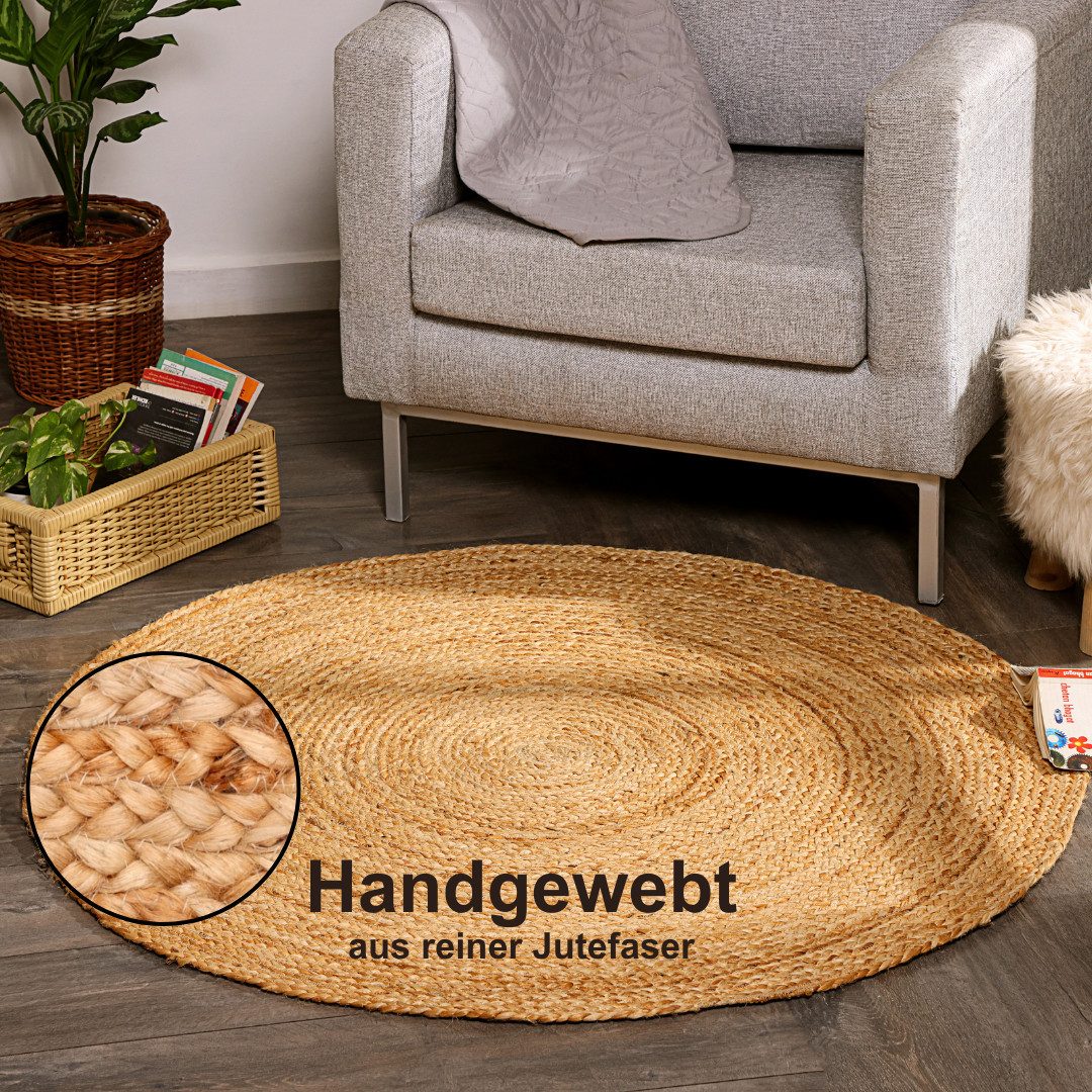 Myflair Möbel & Accessoires Teppich Lola, rund, Höhe: 10 mm, Juteteppich, Wendeteppich, handgeflochten, 100% Naturfaser, Boho-Style