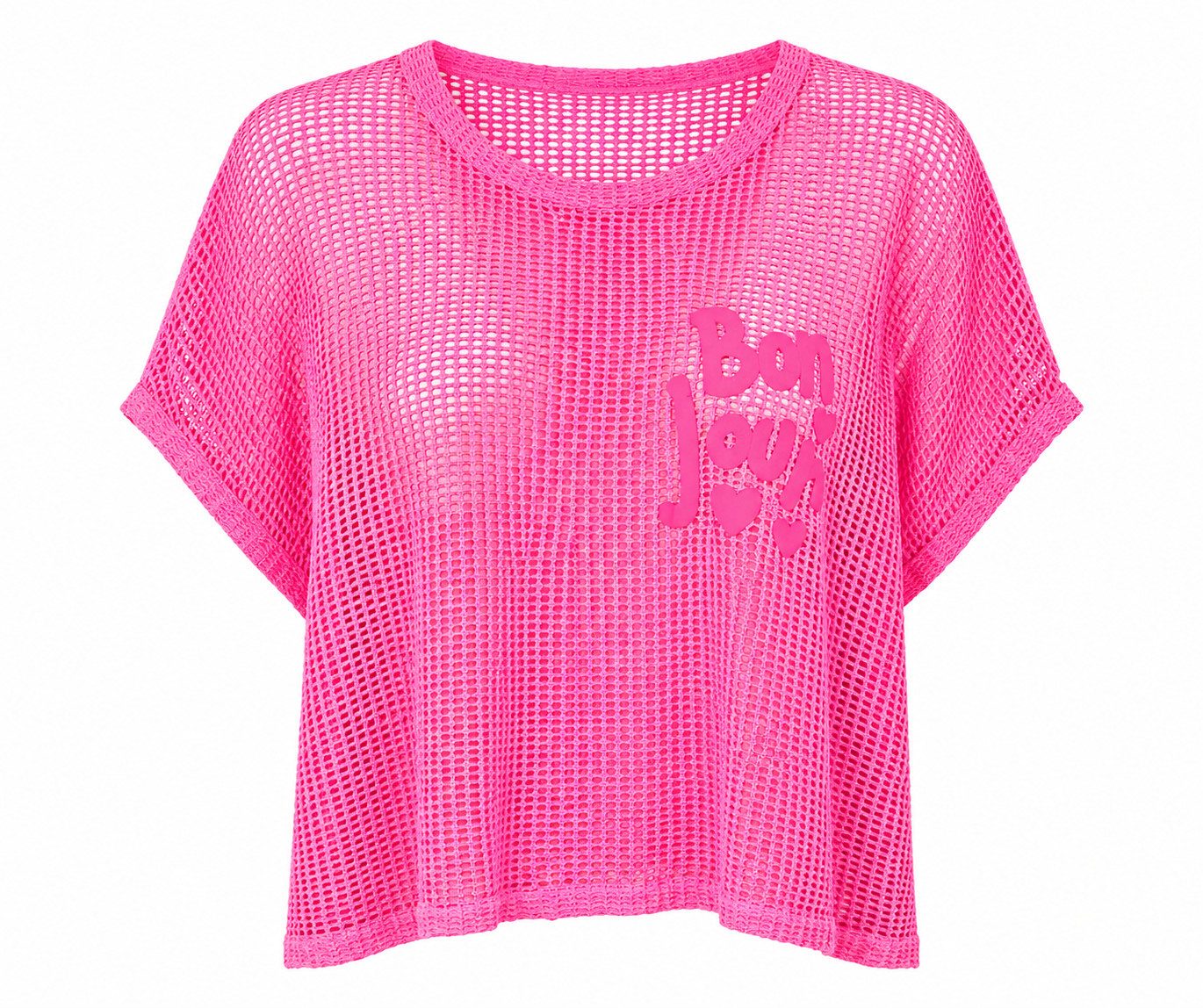 ITALY VIBES Netzshirt - Lochstrick Shirt für Damen - T-Shirt mit Frontprint "Bon Jour" ONE SIZE / passend für Größe XS - M