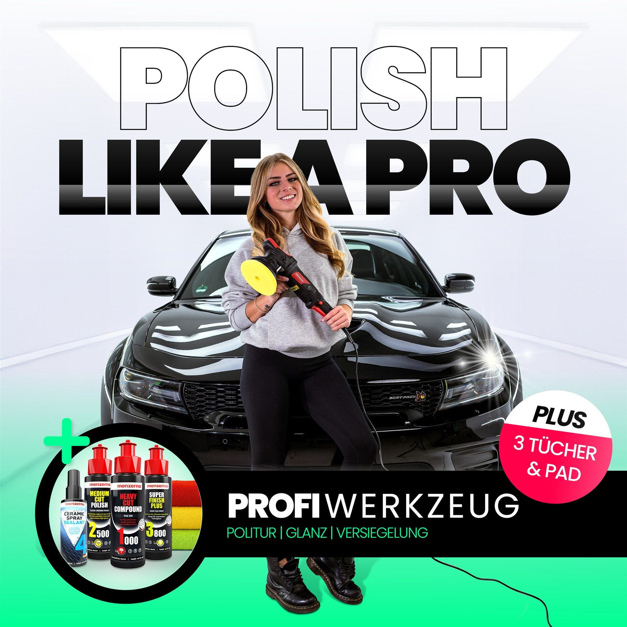 menzerna Exzenter Poliermaschine Autopoliermaschinen Set MZ-XR Premium, Ø 125 mm, mit Heavy Cut, Medium Cut, Super Finish Plus Politur