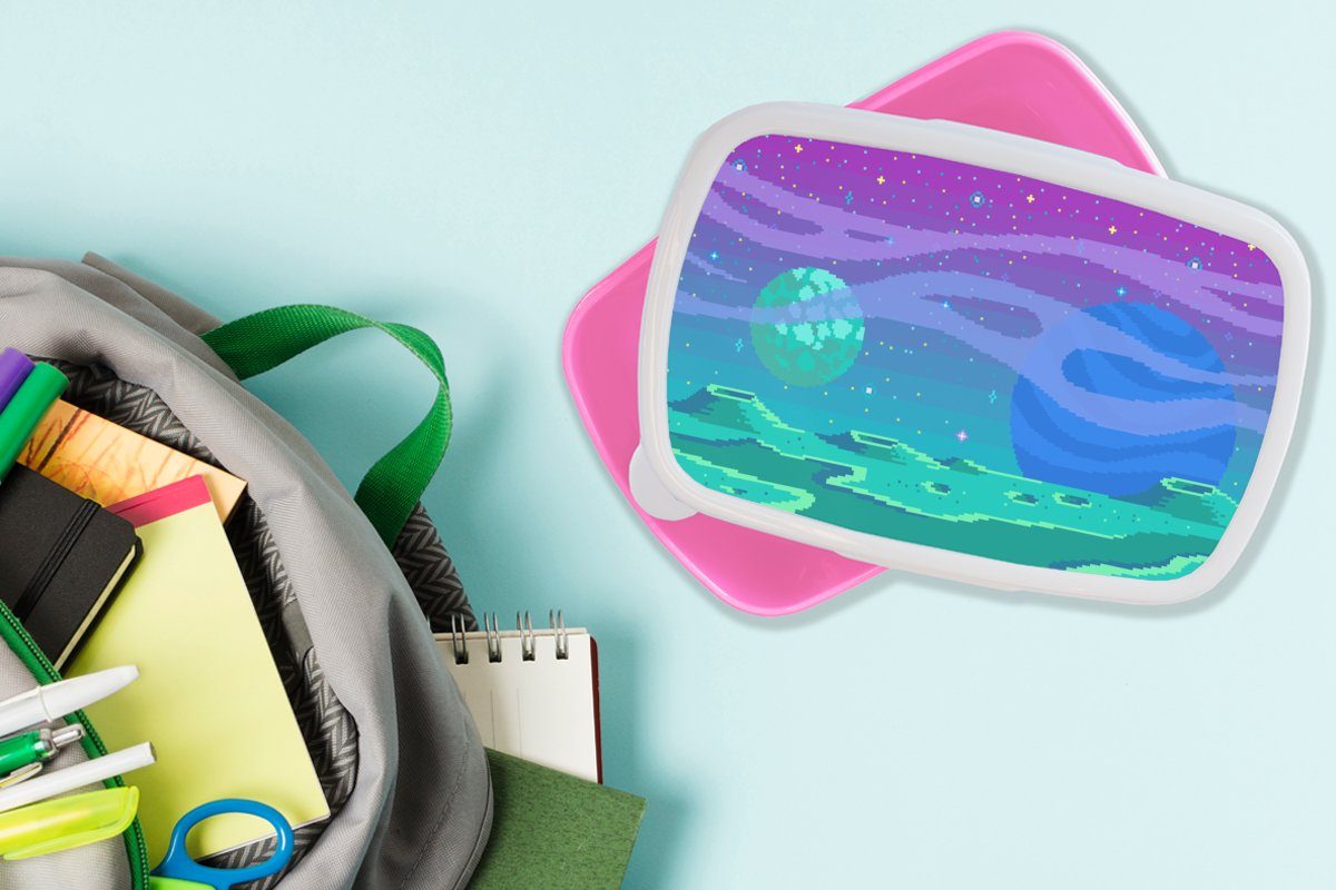 Kinder, Art - rosa - Lunchbox Mädchen, Pixel Mond, (2-tlg), Snackbox, für Kunststoff, Kunststoff MuchoWow Brotbox Erwachsene, Spiele Brotdose
