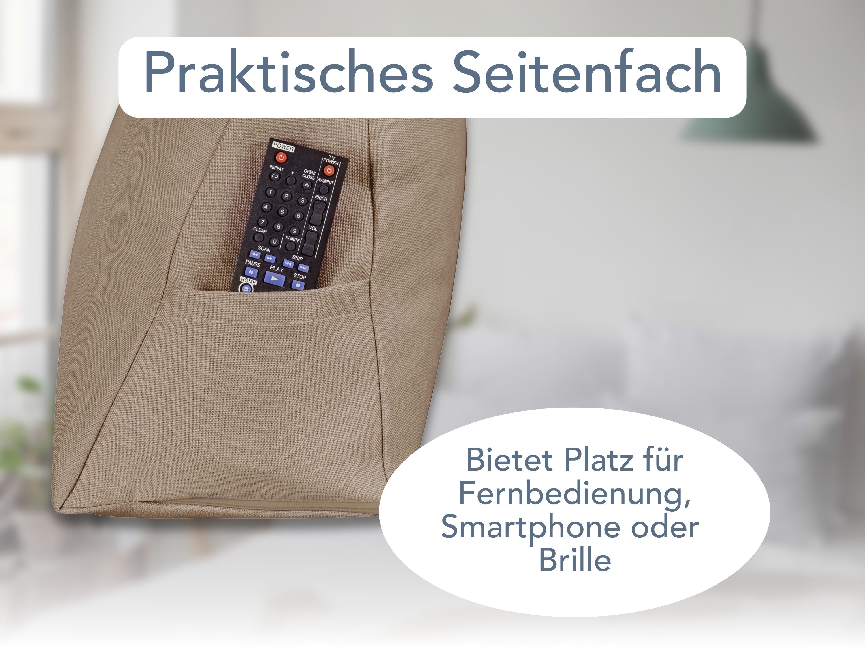 XDREAM Rückenkissen ergonomisches Keilkissen für Bett und Sofa, 1-tlg., als Kopfkissen oder Venenkissen verwendbar, mit praktischem Seitenfach