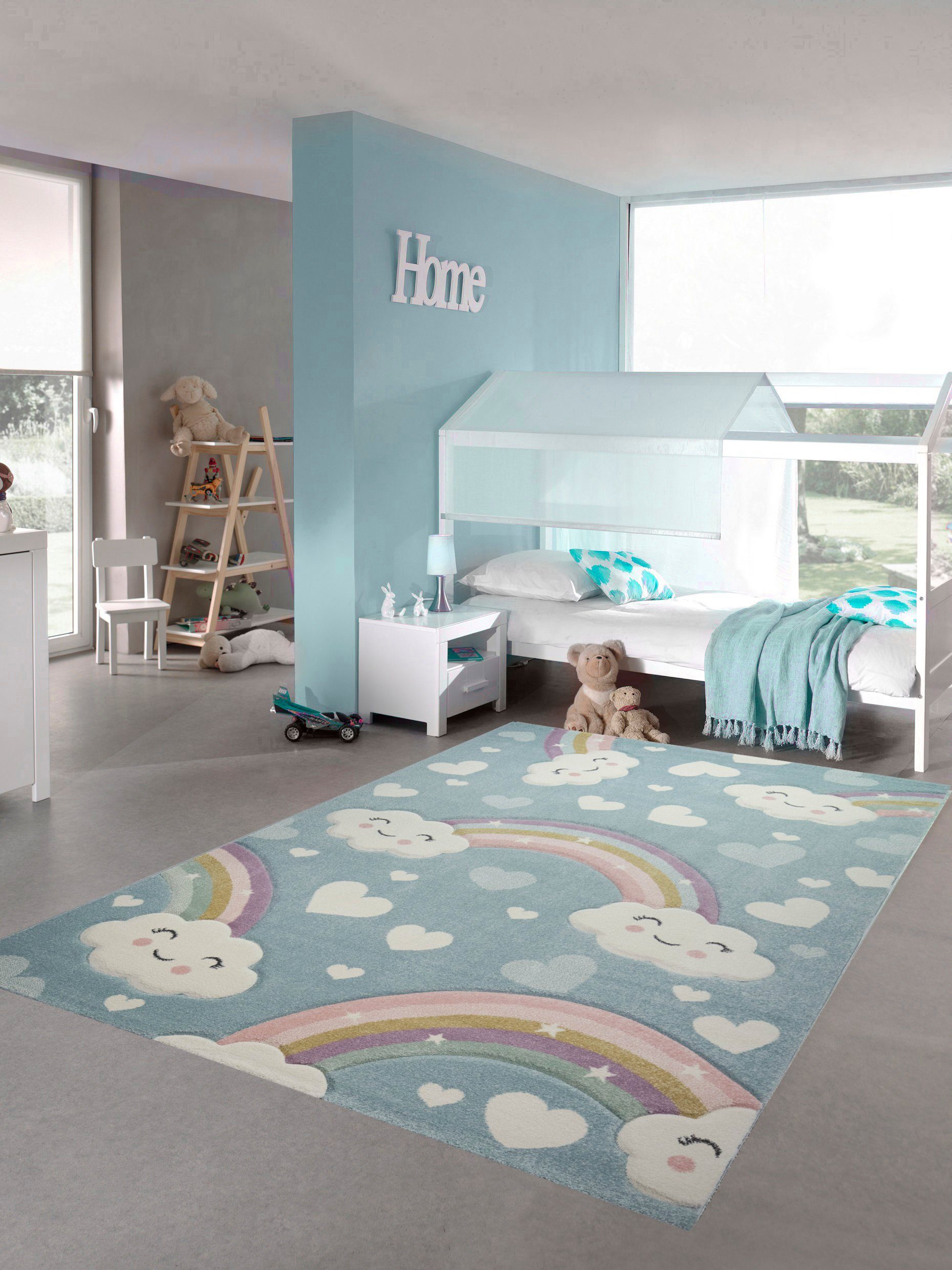 Kinderteppich Kinderteppich Kinderzimmerteppich Regenbogen mit Wolken und Herzen in blau, Teppich-Traum, rechteckig, Höhe: 13 mm