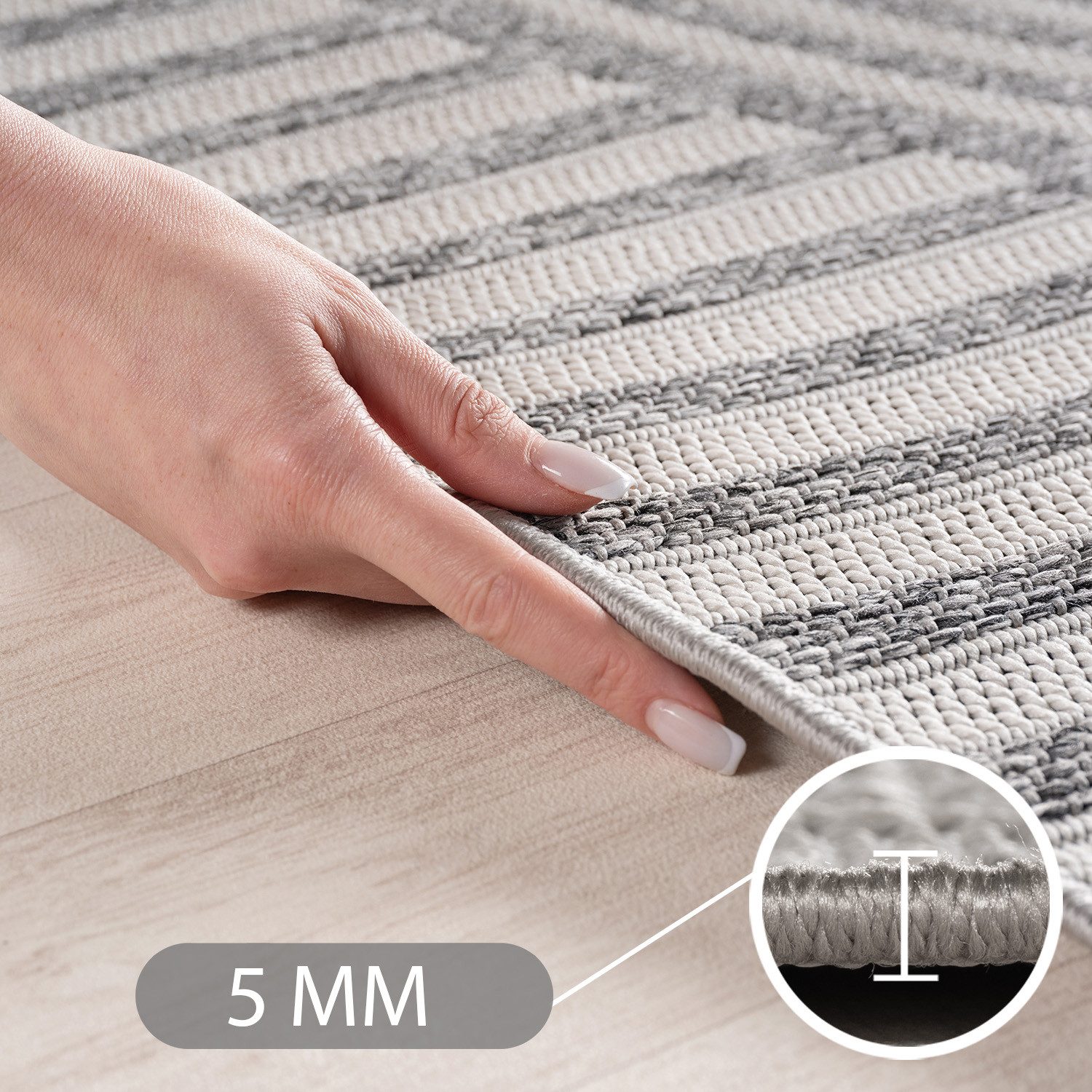 Teppium Teppich Boho Flachgewebter Teppich, Rechteckig, Höhe: 5 mm, Indoor Outdoor Teppich Wetterfest 3D Optik Wohnzimmer Küchen Terrasse
