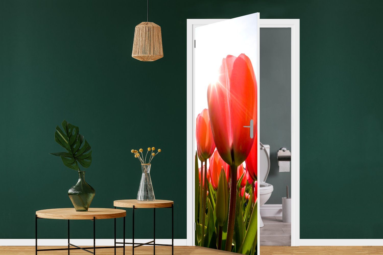 Blumen St), Tür, Türtapete Fototapete Sonne, MuchoWow bedruckt, (1 Tulpen für cm - Matt, Türaufkleber, 75x205 -