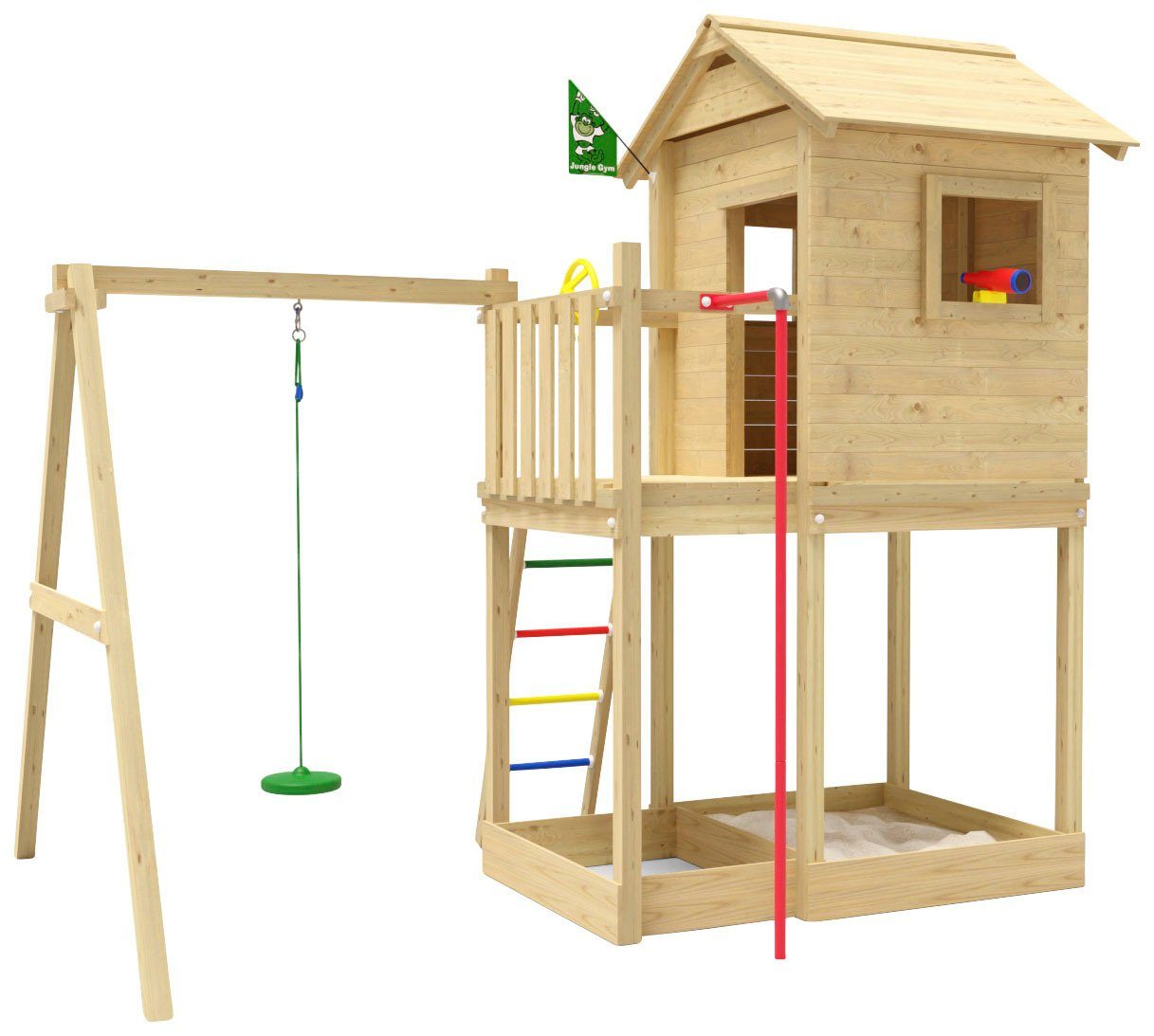 Jungle Gym Spielturm Firehouse, Spielanlage mit Schaukel und Feuerwehrstange