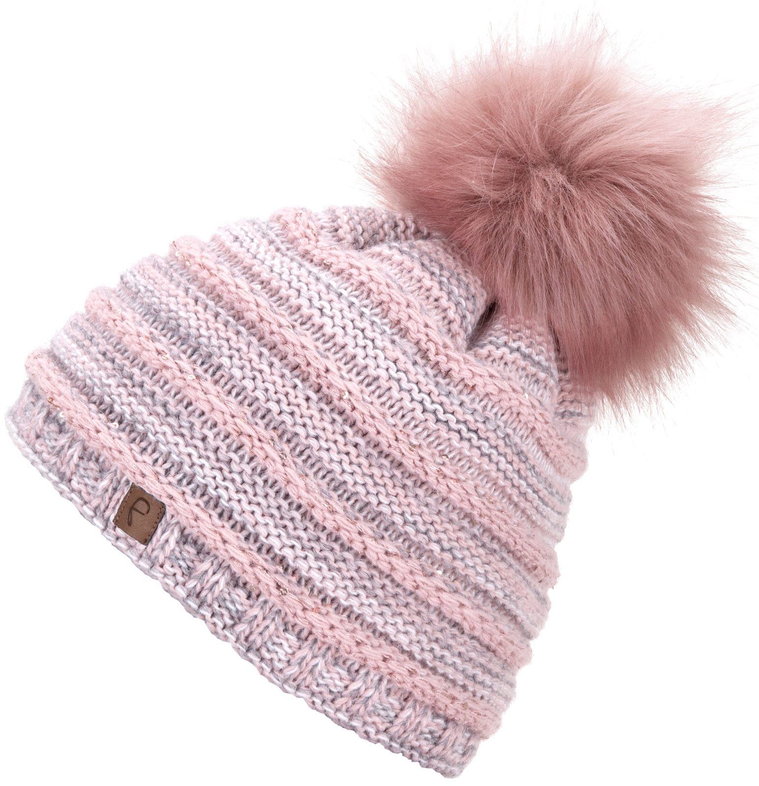 Faera Bommelmütze Wintermütze mit Bommel Damen Mütze Beanie Haube gefüttert Strickmütze