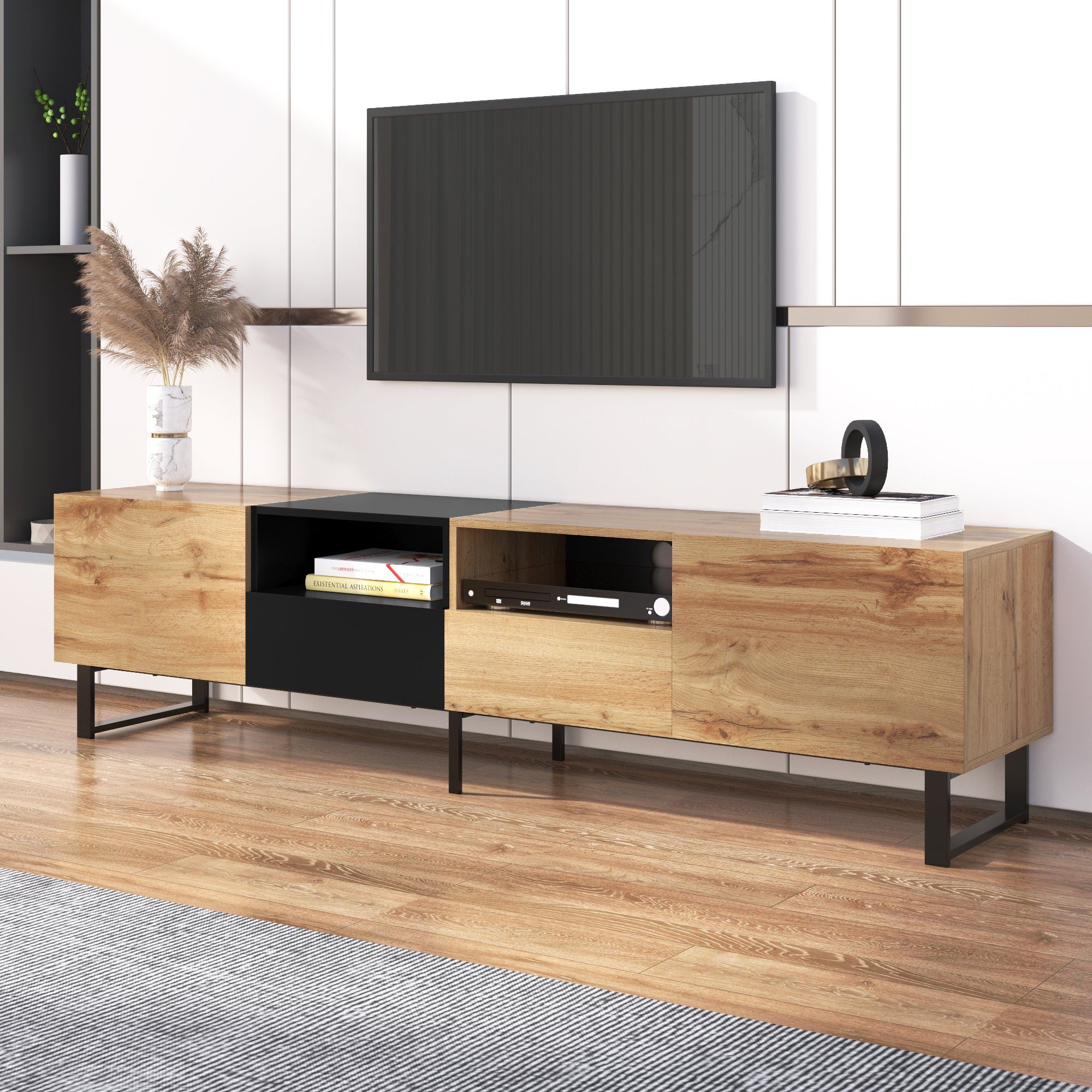 Design) mit holzfarbenem Moderner cm, 48 38 robuste cm x TV-Ständer Konstruktion Stauraum, TV-Schrank schwarzem OKWISH cm (190 geräumiger und x