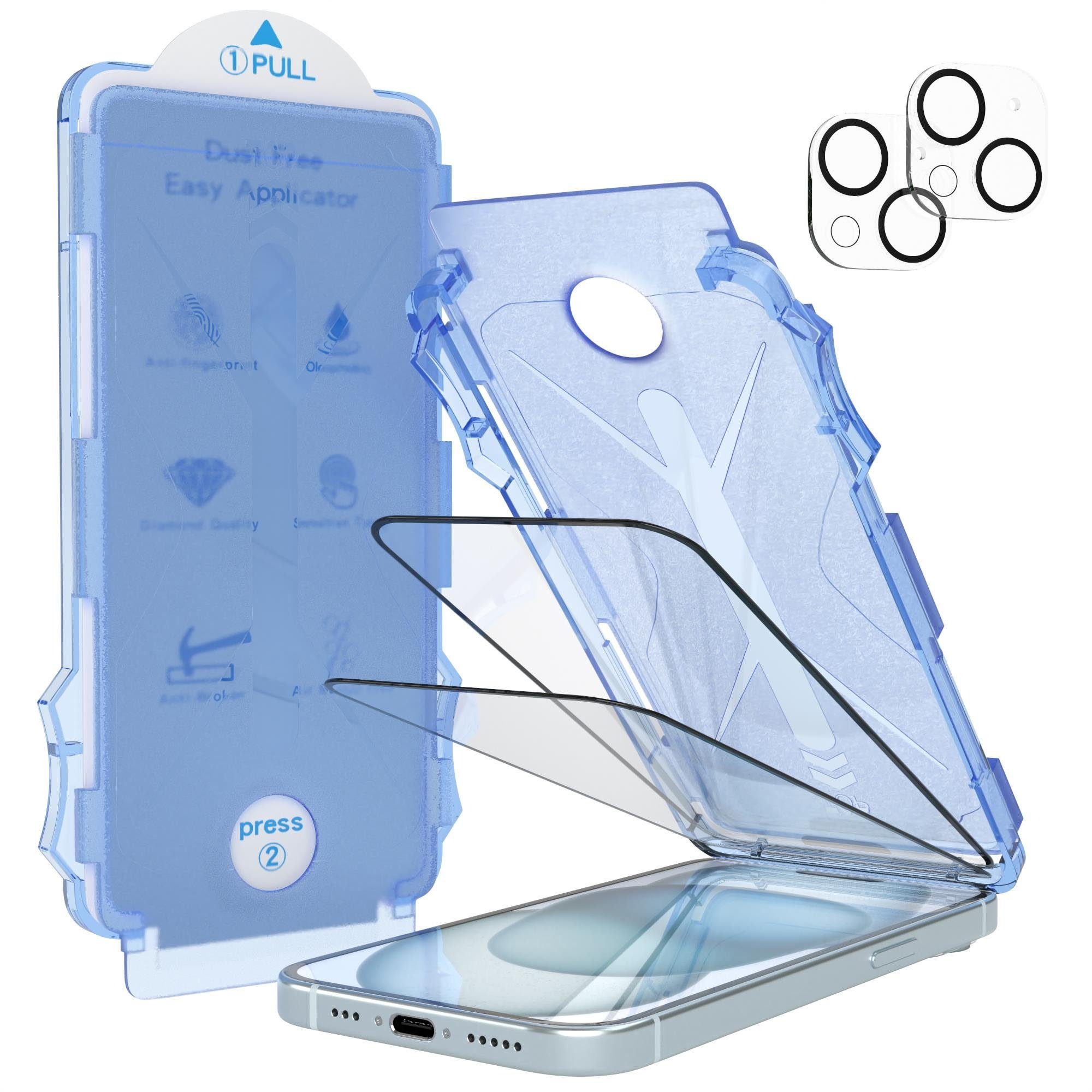 EAZY CASE Displayschutzfolie 2x Displayschutz für iPhone 15 Modell für Apple iPhone 15, 2er Set, Schutzglas iPhone 15, 2er Set Displayfolie Klar, Hartglas 0,7mm