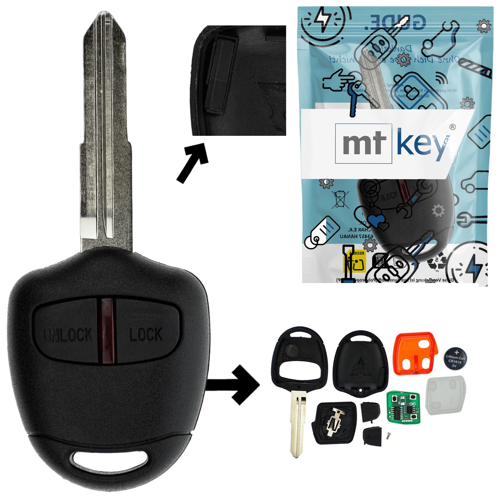 mt-key Schlüsseltasche Auto Funk Schlüssel 434MHZ Fernbedienung ID46 (Set), für Mitsubishi L200 IV KA KB (05-15); Pajero IV V80 V90 (07-14)