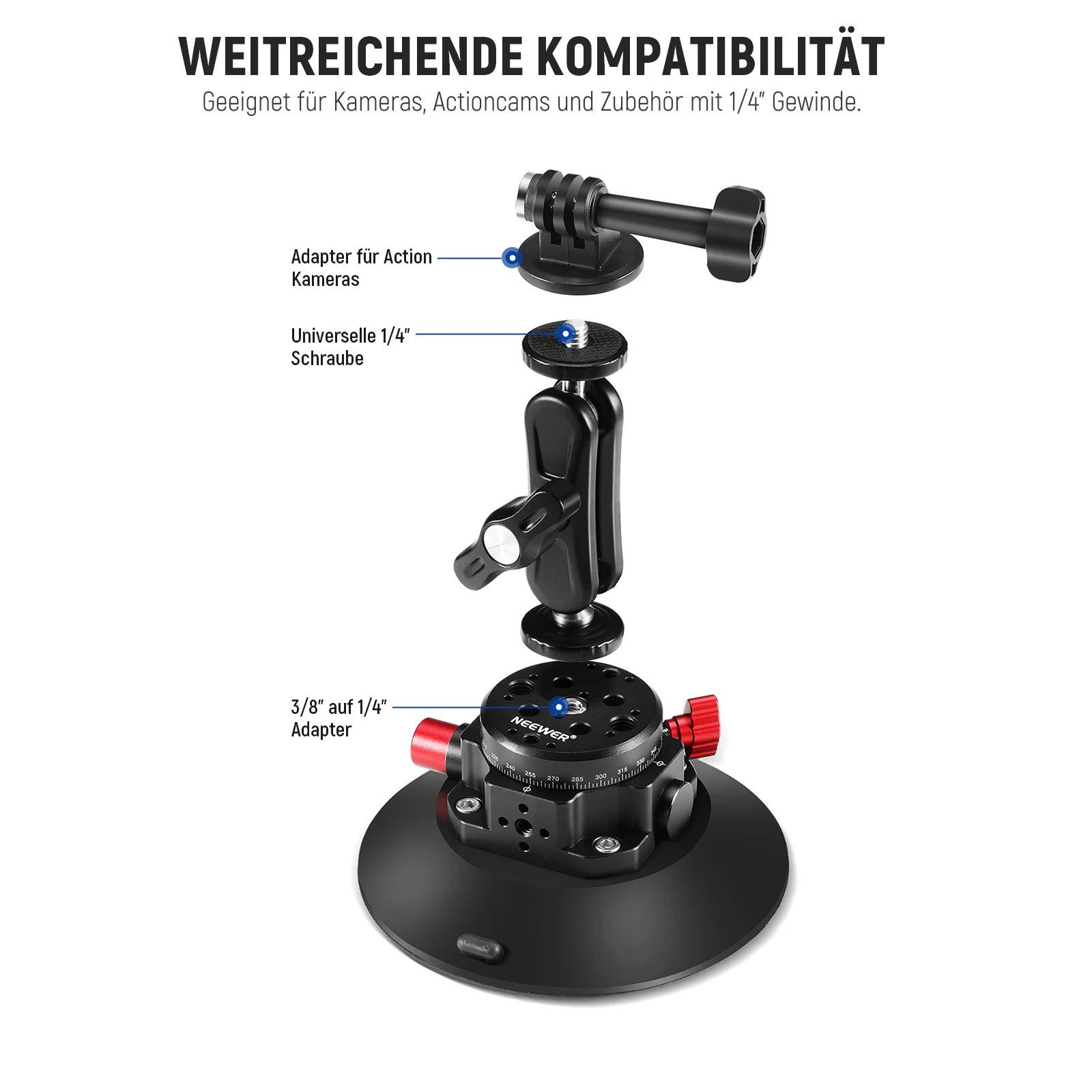 Neewer Action Cam-Halterung CA013 6"/15,2cm Kamera Saugnapf Halterung, mit Kugelkopf Magic Arm, (Packung, Farbe:schwarz, Grundfarbe:schwarz, mit Kugelkopf Magic Arm, für Auto Windschutzscheibe Action Kamera)