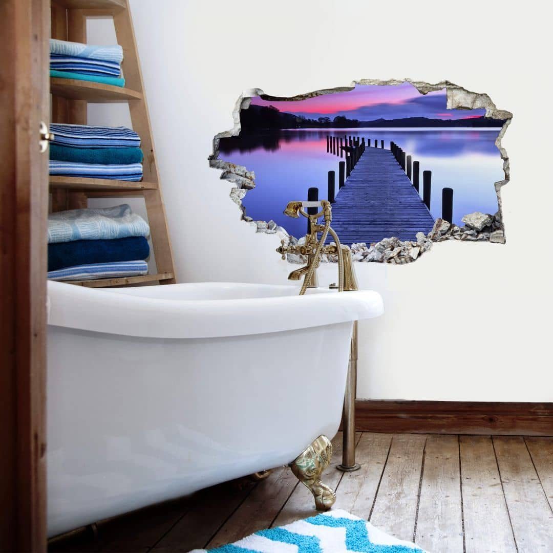 k&l wall art wandtattoo 3d wandtattoo aufkleber badezimmer see panorama  wandsticker wellness, mauerdurchbruch wandbild selbstklebend