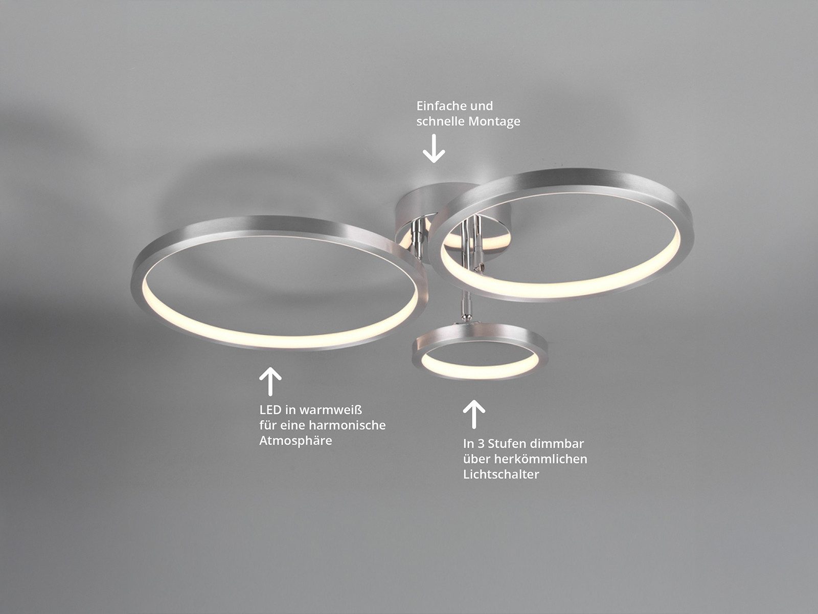 meineWunschleuchte LED Deckenleuchte Ringe schwenkbar, Breite 71cm, Dimmfunktion, LED fest integriert, Warmweiß, große Wohnzimmer Deckenlampe modern dimmbar übe – Bild 5 von 5