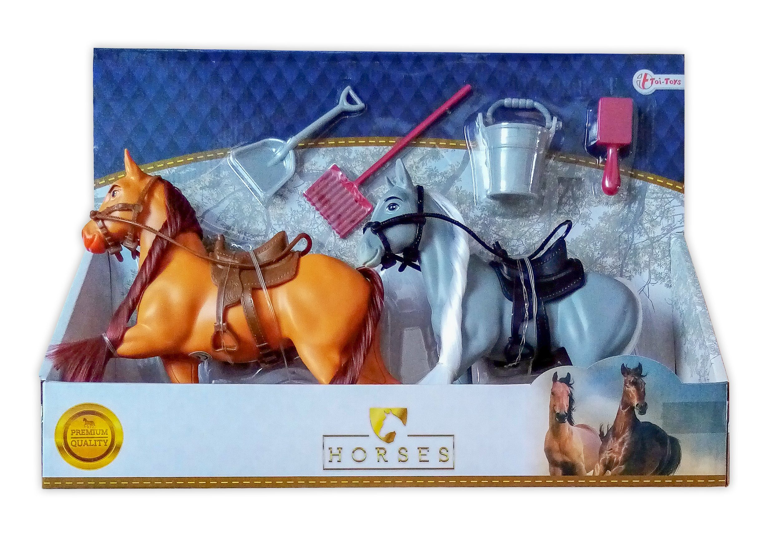 Toi-Toys Actionfigur 2 Pferde mit Zubehör Set Reitpferde Spielzeugpferde 20  (Braun / Grau), Pferd Spielzeug Geschenk