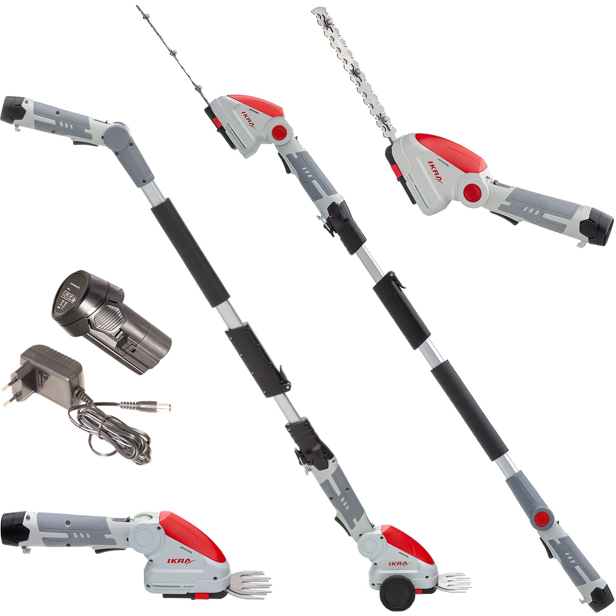 ikra GmbH Akku-Gras- und Strauchscherenset IGBS 1210, (mit Akku, Ladegerät & Fahrstock), 12 V - Klicksystem, inkl. Fahrstock, Messer "Made in Germany"