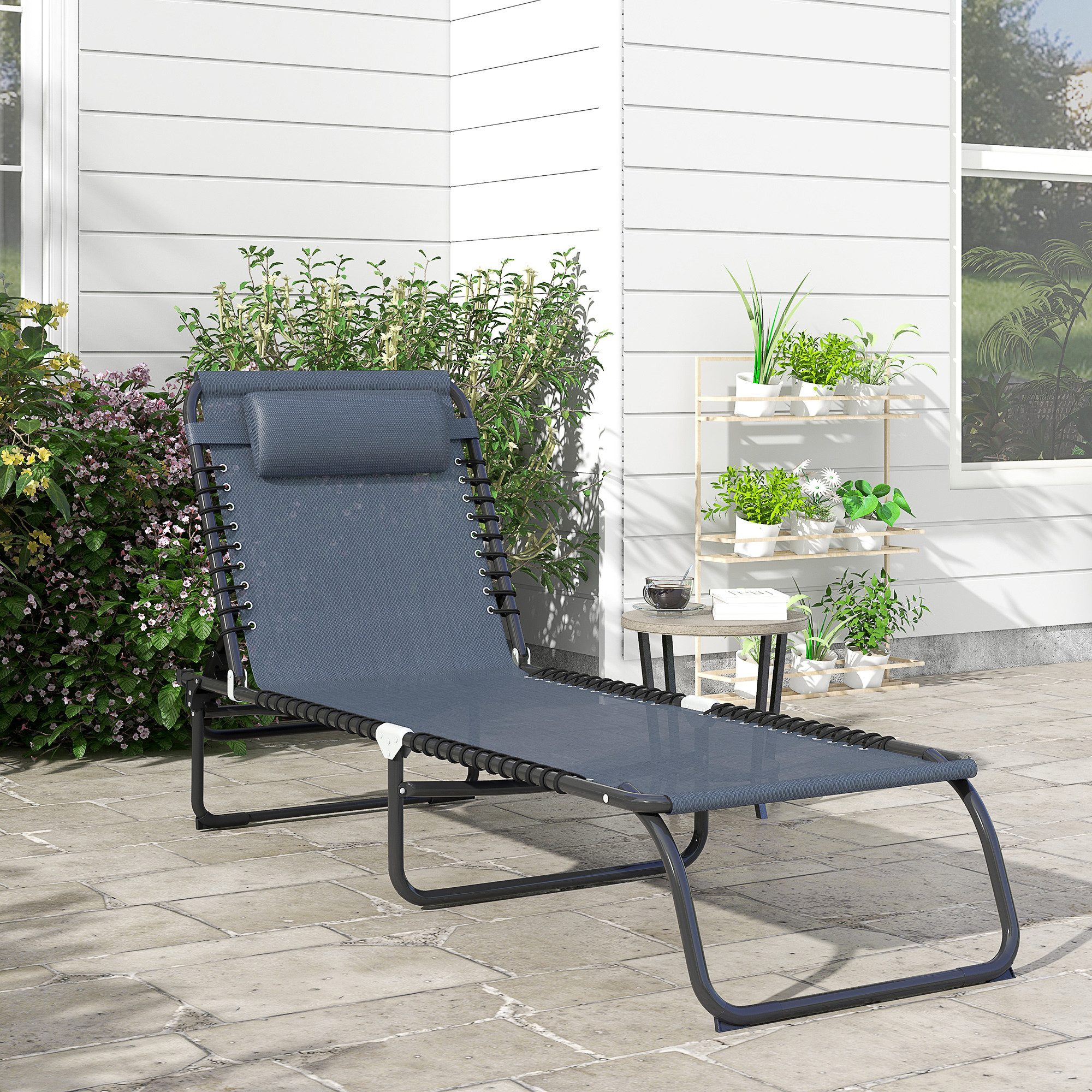 Outsunny Gartenliege Sonnenliege faltbar Garten 4-stufige Rückenlehne verstellbar, Relaxliege, 1 St., Klappliege, Stahl Mesh-Stoff Grau 189 x 58 x 30 cm