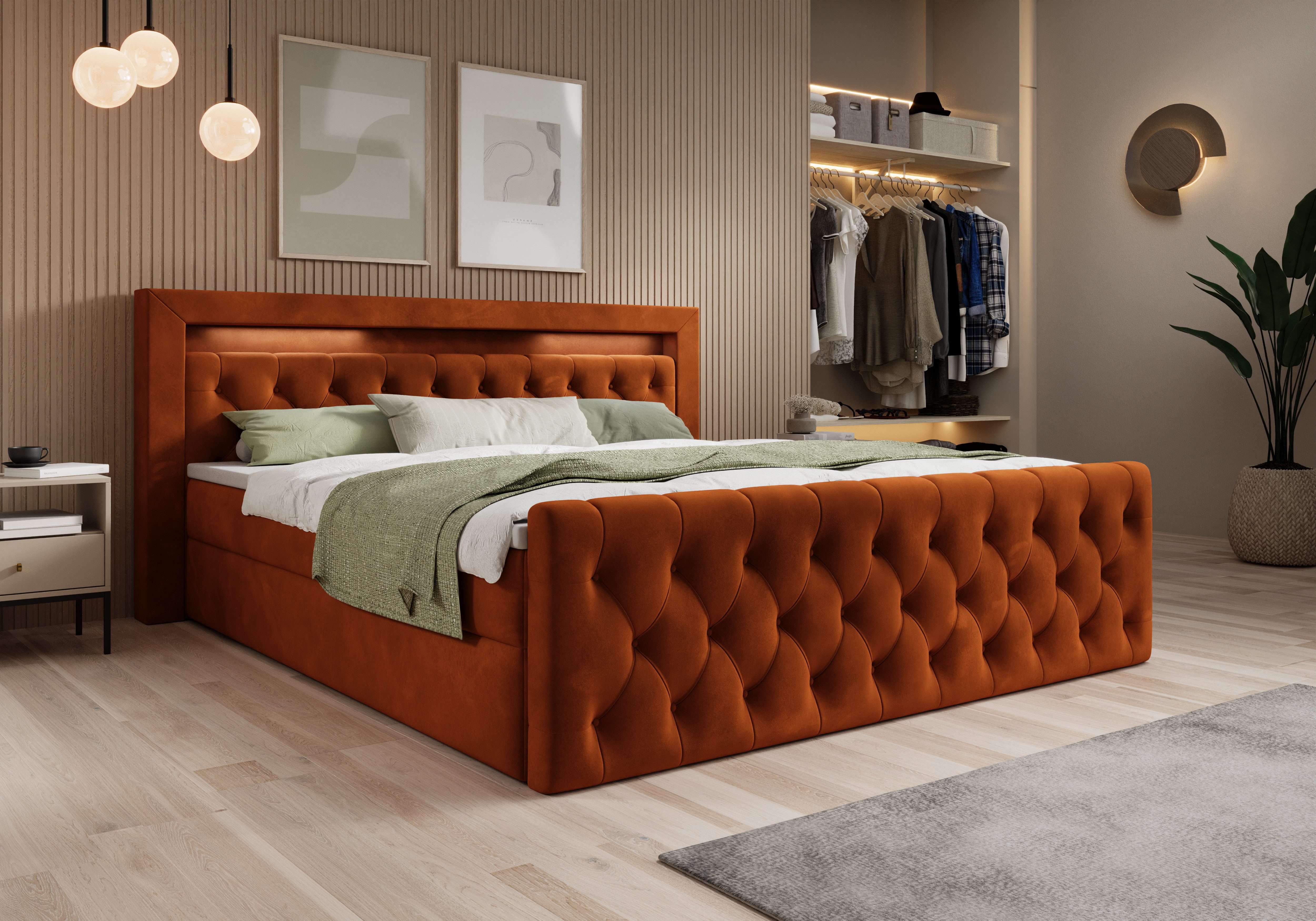 thematys Boxbett LED mit Bettkasten 140x200–200x200 cm – Velours oder Bouclé Bezug – (Polsterbett Bonnellfederkern Matratze H3 + Gratis 3cm Topper, Boxbett - Luxus Doppelbett mit Stauraum und LED)